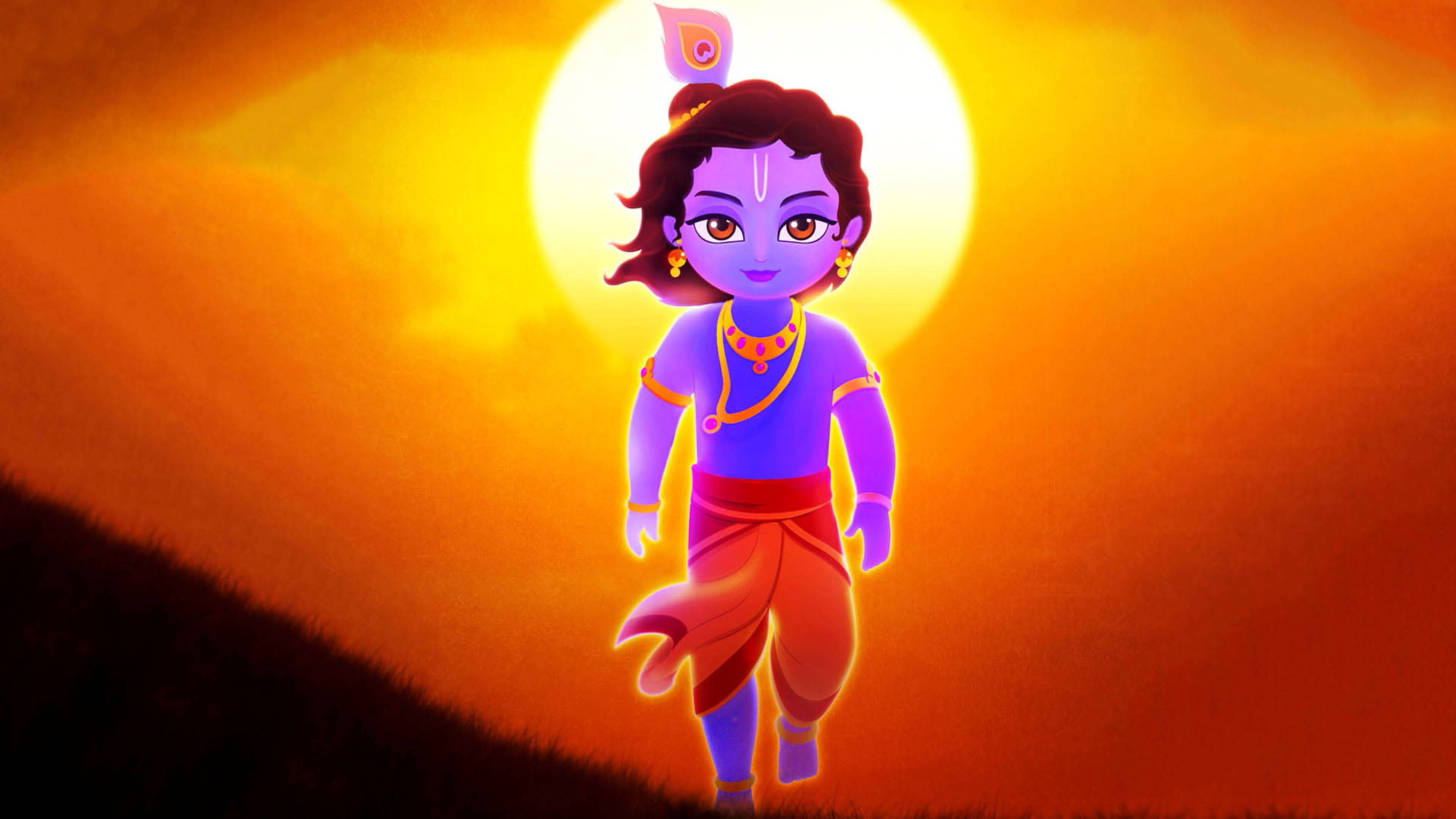 krishna ji 桌布 壁紙 — 一個充滿活力的動畫小孩，紫色皮膚，戴著孔雀羽毛皇冠，在耀眼的橙色日落中行走。
