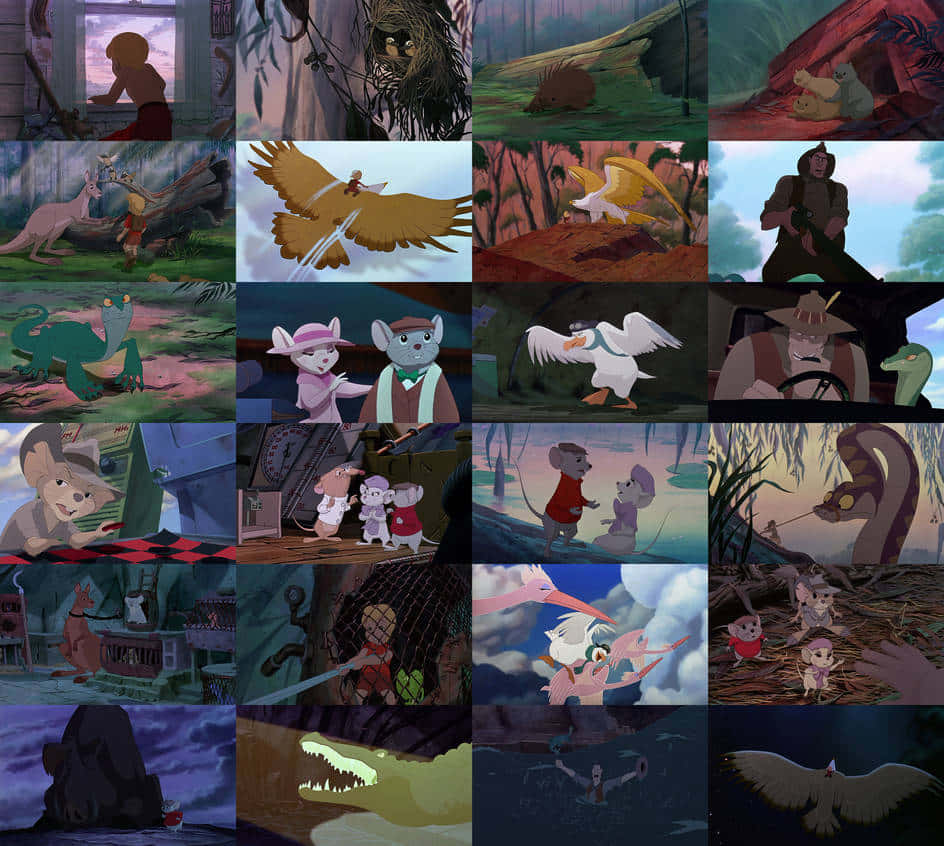 The Rescuers Down Under 桌布 壁紙 — 一個充滿活力的動畫拼貼場景，包含擬人化動物在冒險森林和叢林環境中，帶有戲劇性燈光。