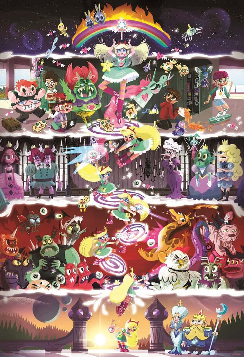 星蝶公主 桌布 壁紙 — 一個充滿活力的動畫拼貼畫，描繪了多個奇幻場景中古怪卡通人物的混亂、色彩繽紛的場景。