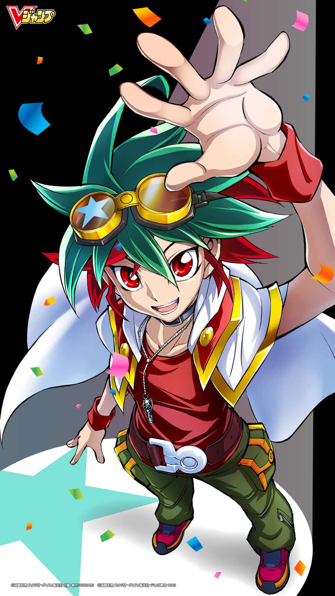 Yuya Sakaki 桌布 壁紙 — 一個充滿活力的動畫男孩，綠色頭髮和護目鏡，在五彩紙屑飄落時愉快地揮手。