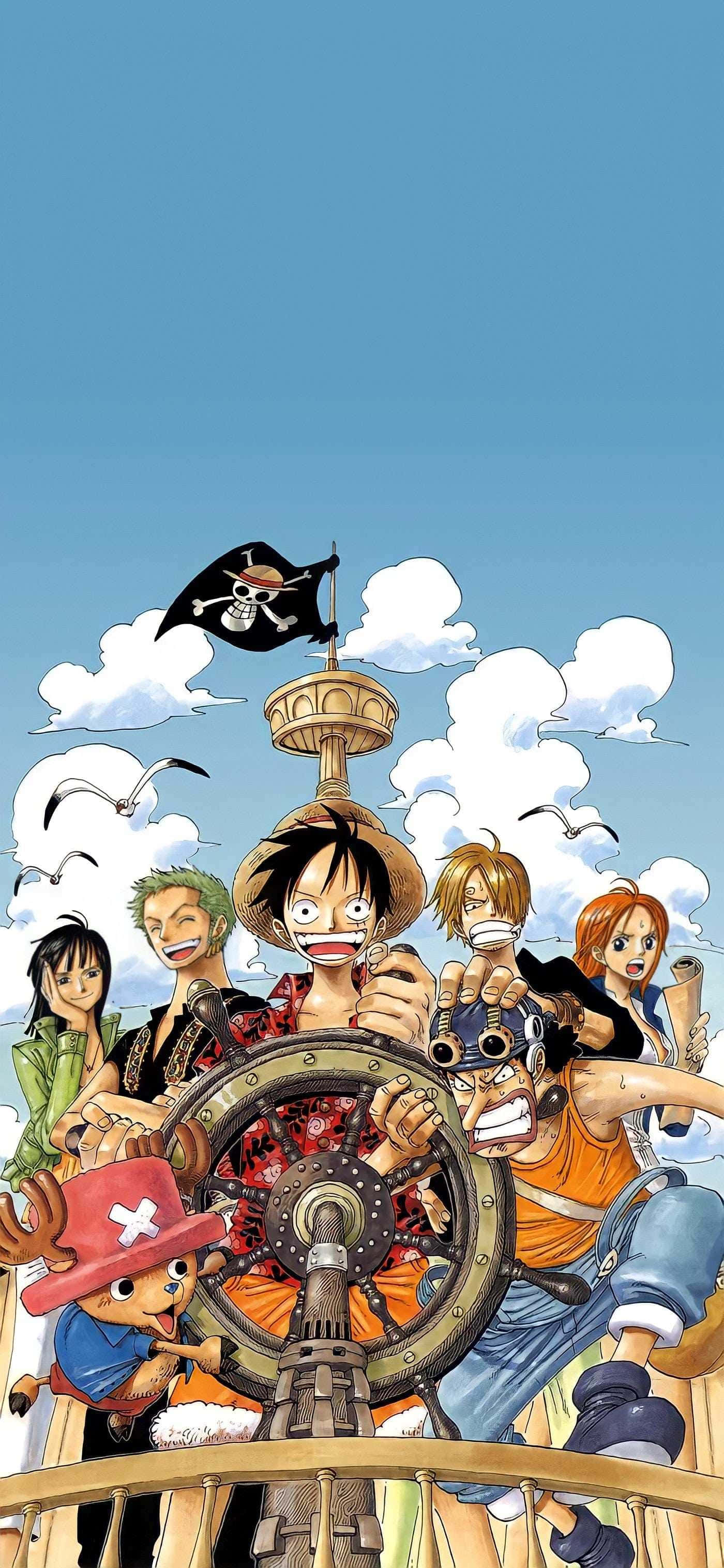 One Piece Characters 桌布 壁紙 — 一個充滿活力的動畫船員在海鷗飛翔的晴朗藍天下快樂地駕駛海盜船。