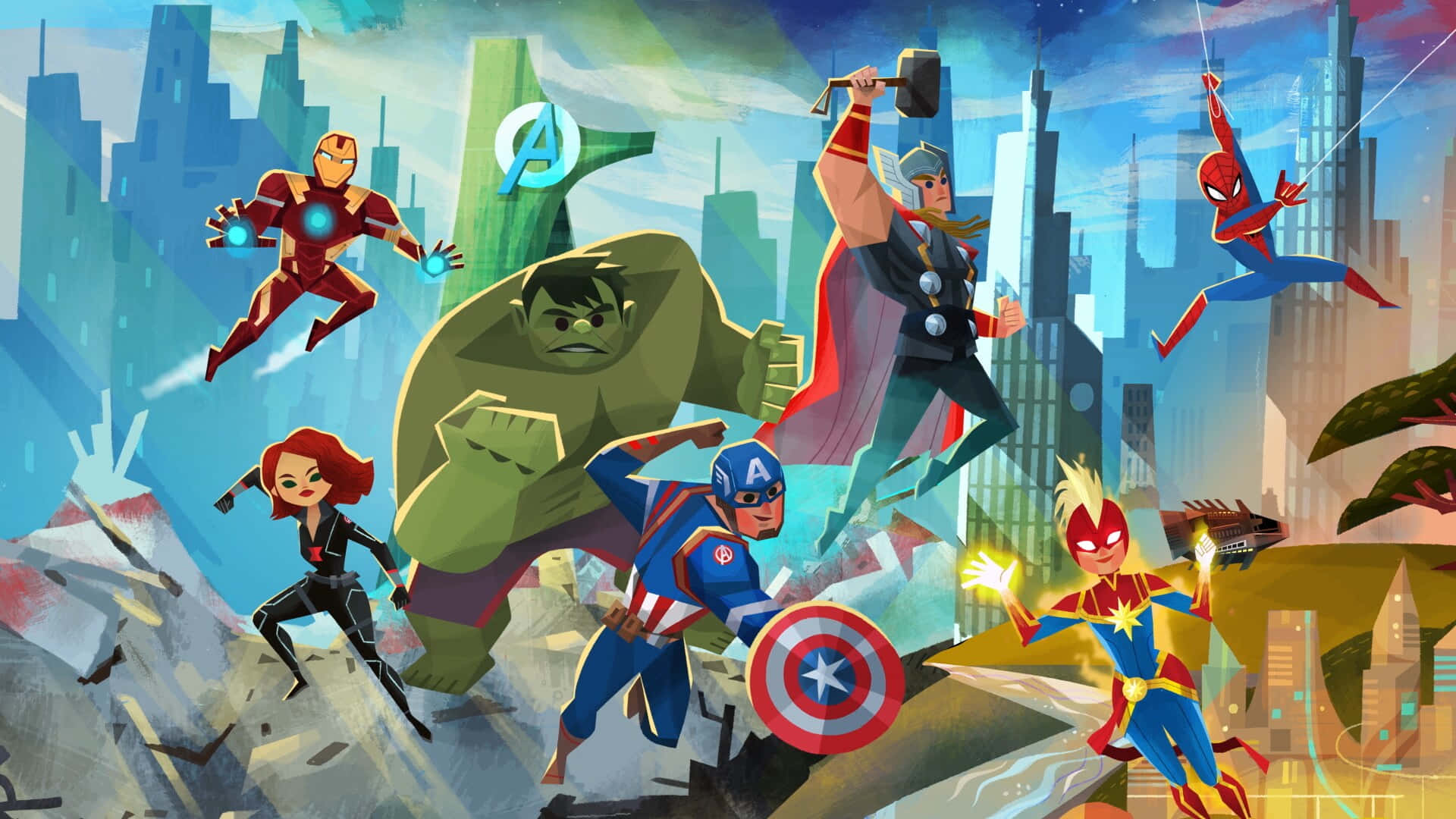 Secret Wars 桌布 壁紙 — 一個充滿活力的動畫超級英雄團隊，包括鐵甲奇俠、變形俠醫、雷神奇俠和美國隊長，準備在破碎的城市景觀中戰鬥。