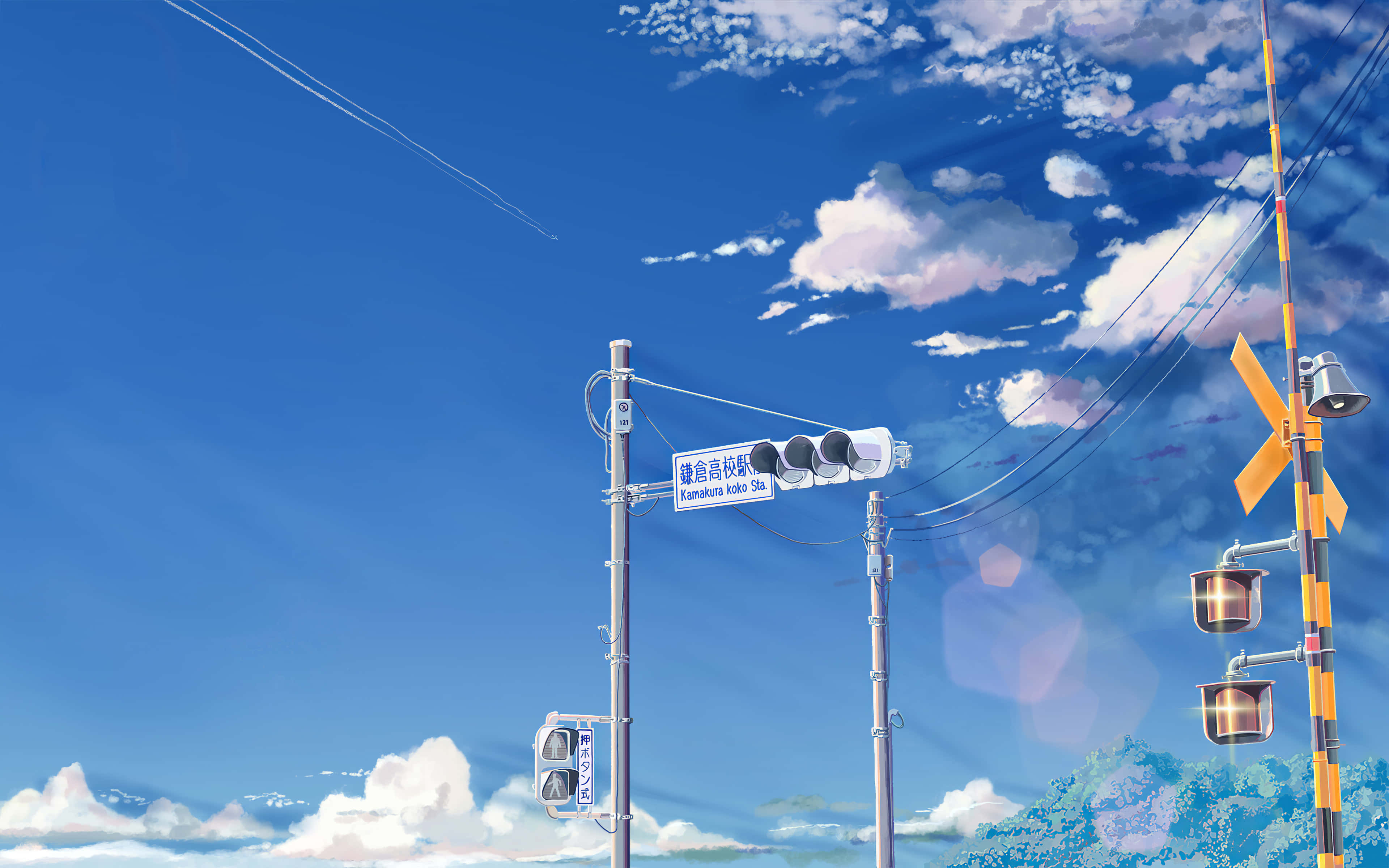 Makoto Shinkai 桌布 壁紙 — 一個充滿活力的動畫風格鐵路平交道，在明亮的藍天下有蓬鬆的白雲和遠山。