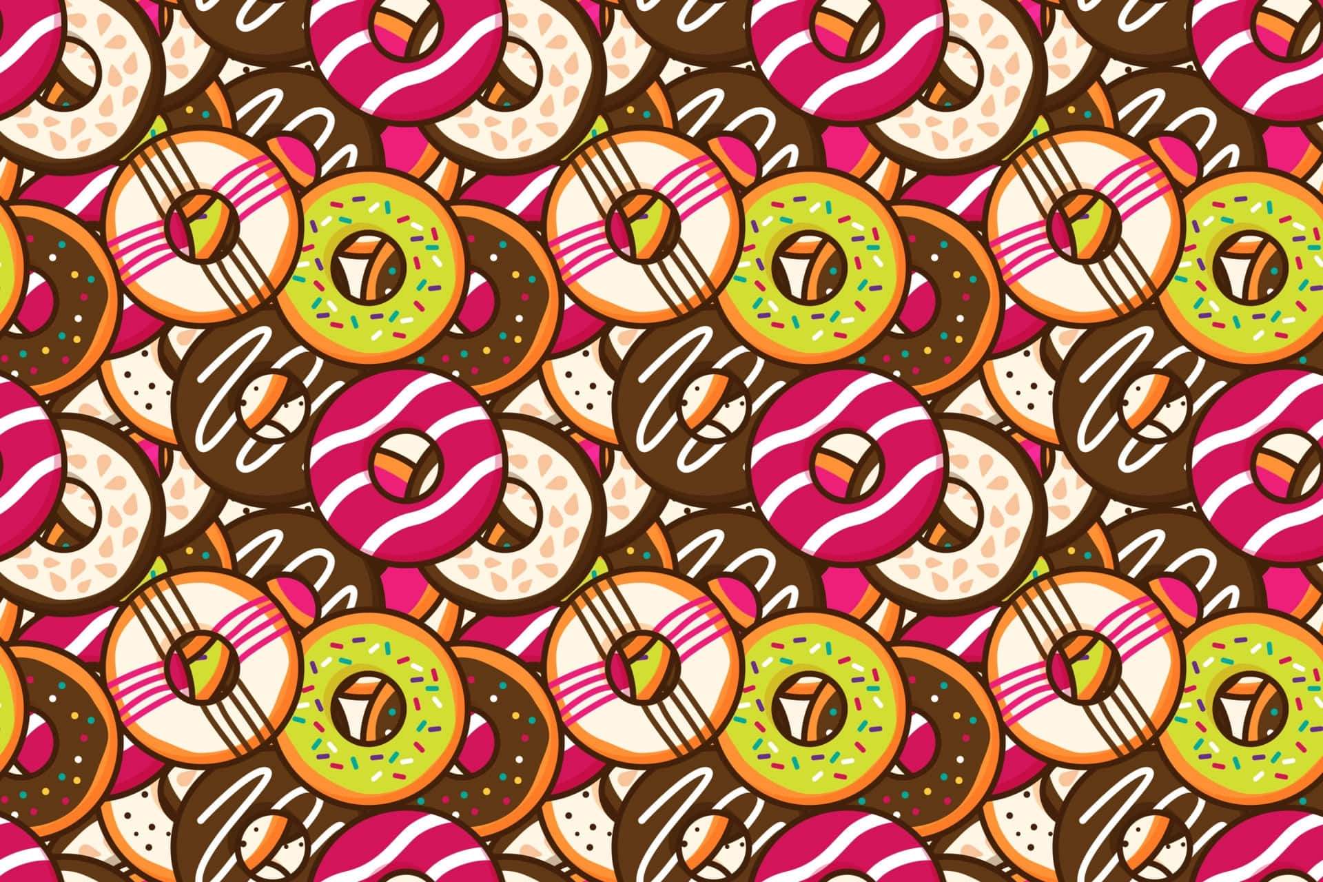 Cute Donut 桌布 壁紙 — 一個充滿活力的卡通冬甩圖案，帶有粉紅色條紋、糖霜和朱古力糖衣，以重複網格排列。