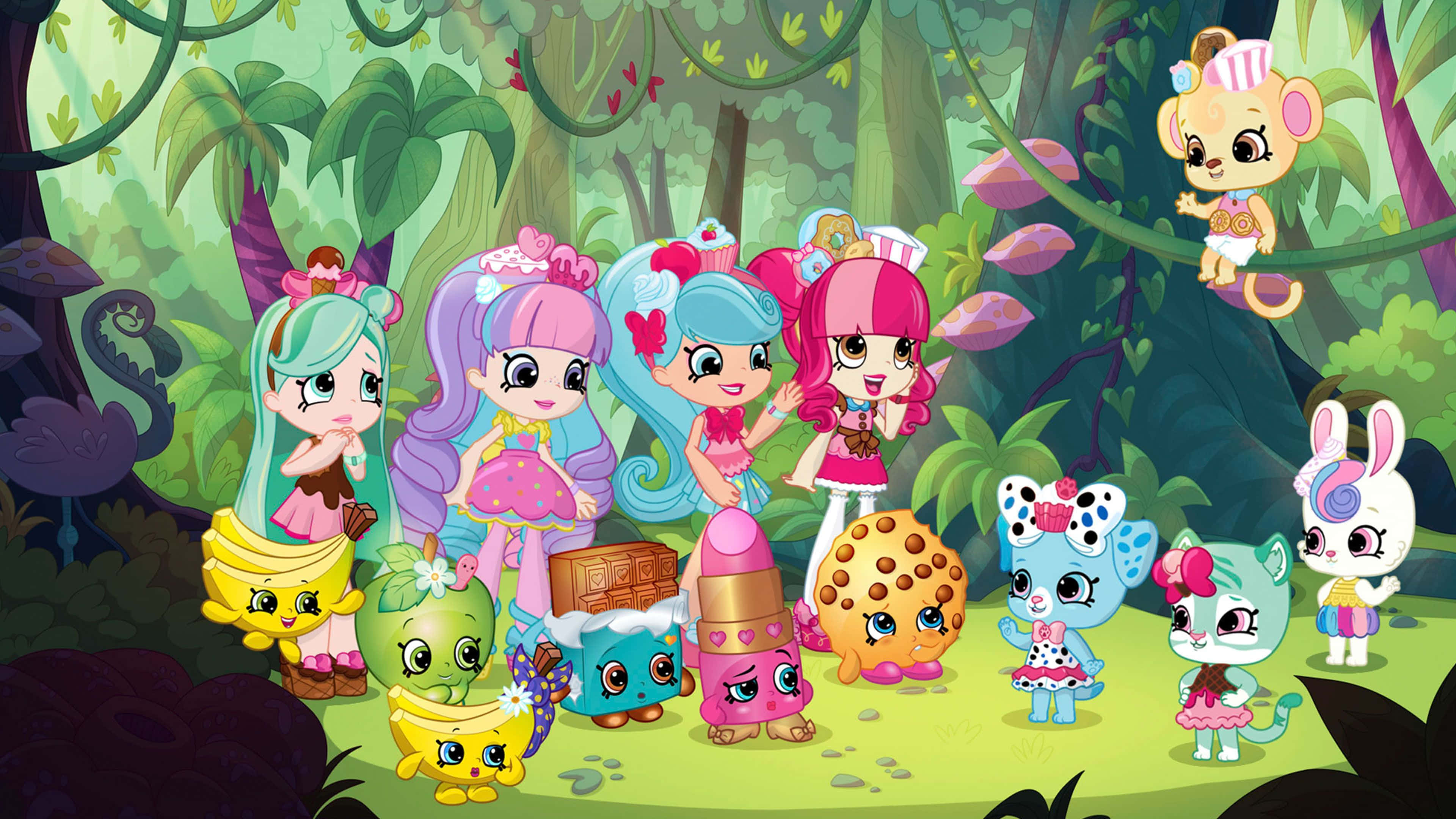 Shopkins 桌布 壁紙 — 一個充滿活力的卡通叢林場景，聚集了擬人化的糖果角色和動物。