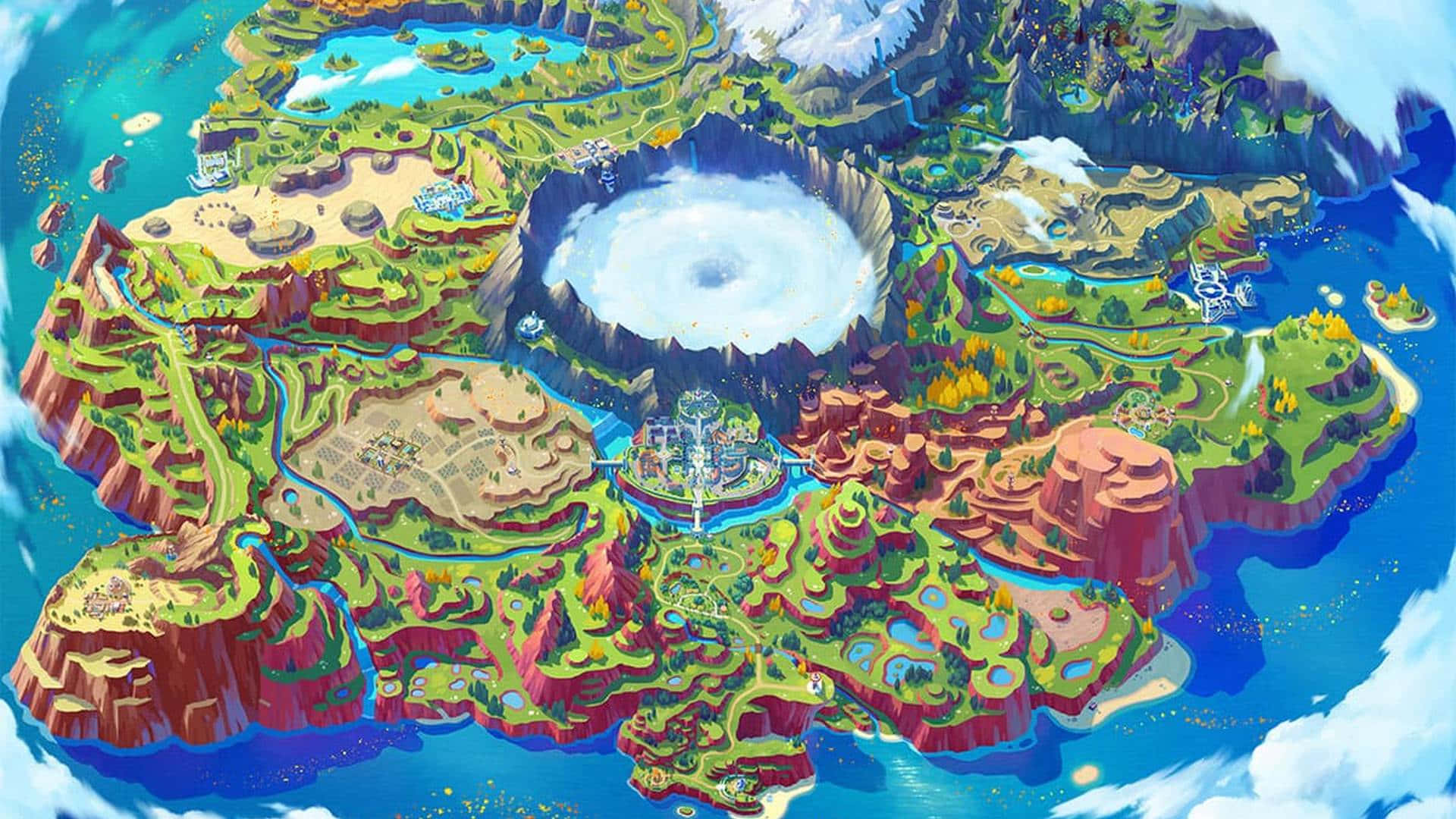 Pokemon Virtual World 桌布 壁紙 — 一個充滿活力的卡通地圖，描繪了一個幻想島嶼，有山脈、河流和一個中央火山，周圍環繞著茂密的綠色植物和藍色水域。