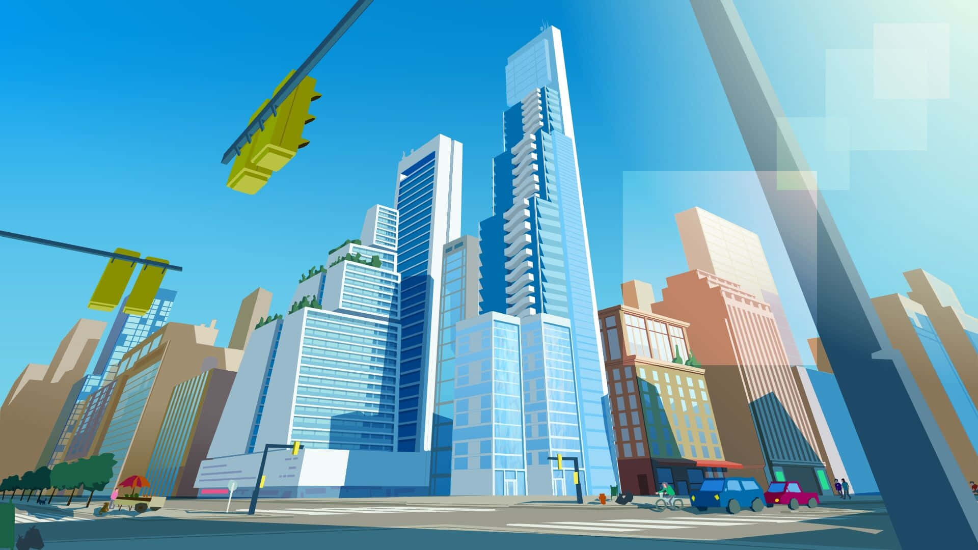 Promare 桌布 壁紙 — 一個充滿活力的卡通城市景觀，有高聳的摩天大樓、色彩繽紛的汽車和交通燈，在晴朗的藍天下。