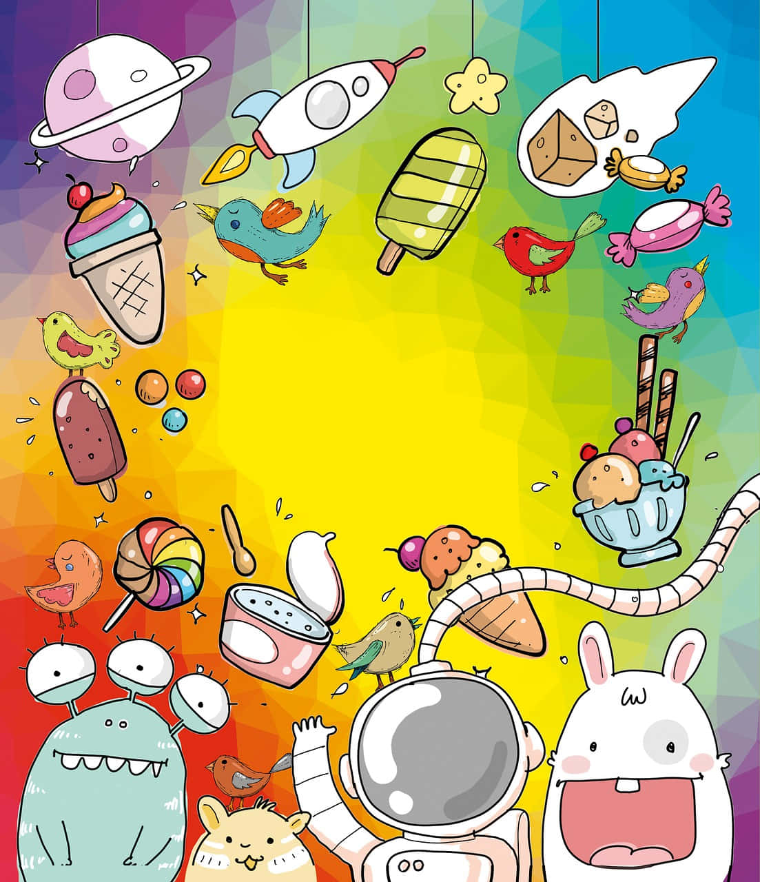 Kawaii Japanese 桌布 壁紙 — 一個充滿活力的卡通場景，有漂浮的糖果火箭和小鳥，周圍是快樂的怪物和一名太空人。