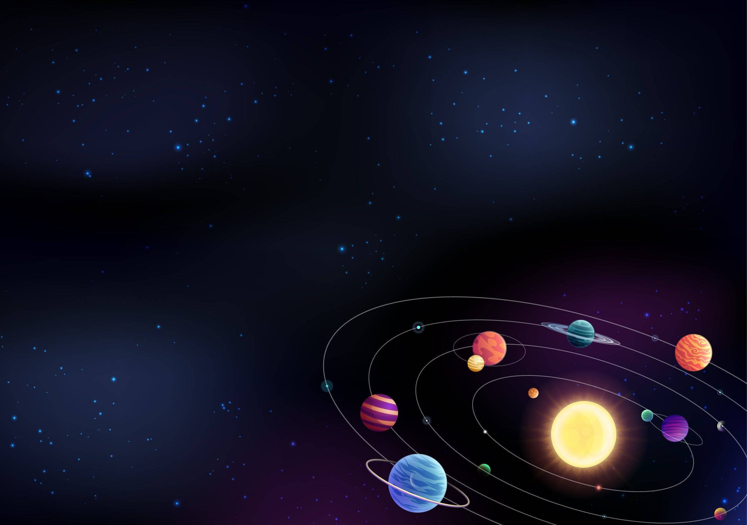 Solar System 桌布 壁紙 — 一個充滿活力的卡通太陽系，色彩繽紛的行星圍繞著發光的太陽，背景是繁星點點的宇宙。