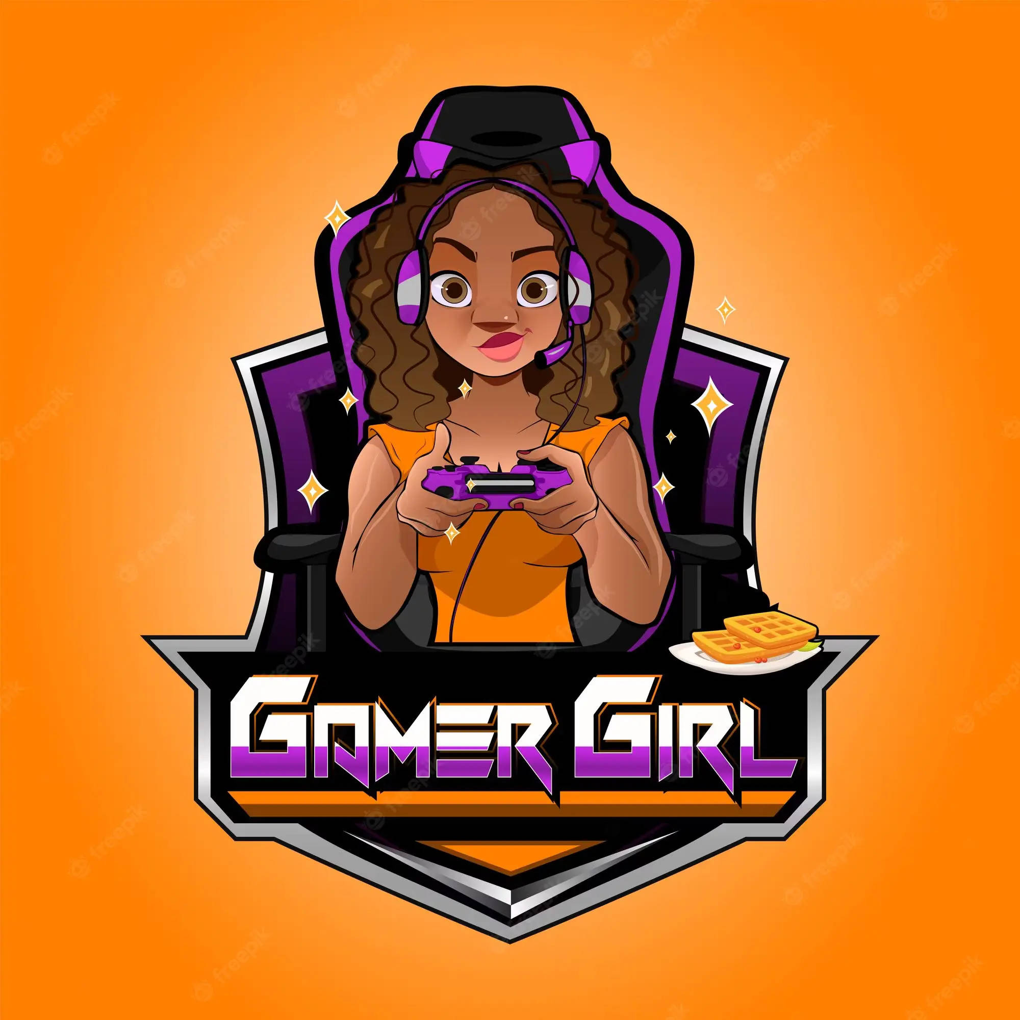 Gamer Logo 桌布 壁紙 — 一個充滿活力的卡通女孩，捲曲頭髮，坐在紫色電競椅上，拿著控制器，旁邊有窩夫。