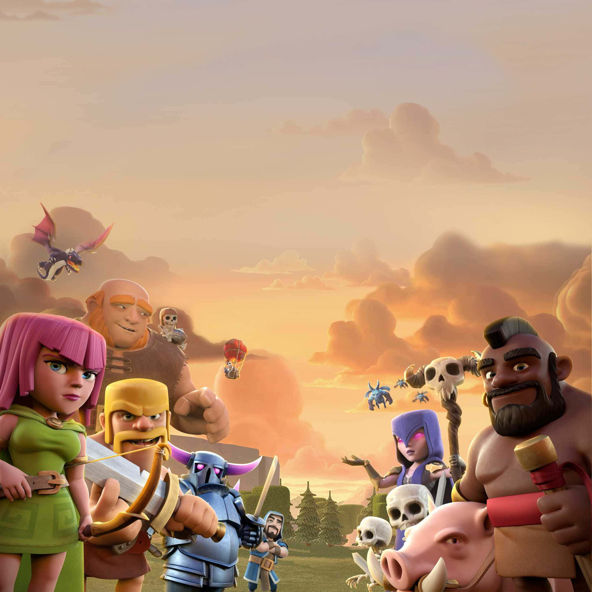 Clash Royale 桌布 壁紙 — 一個充滿活力的卡通軍隊，由Clash of Clans角色組成，在溫暖的日落天空下，伴隨著漂浮的生物，準備好戰鬥。