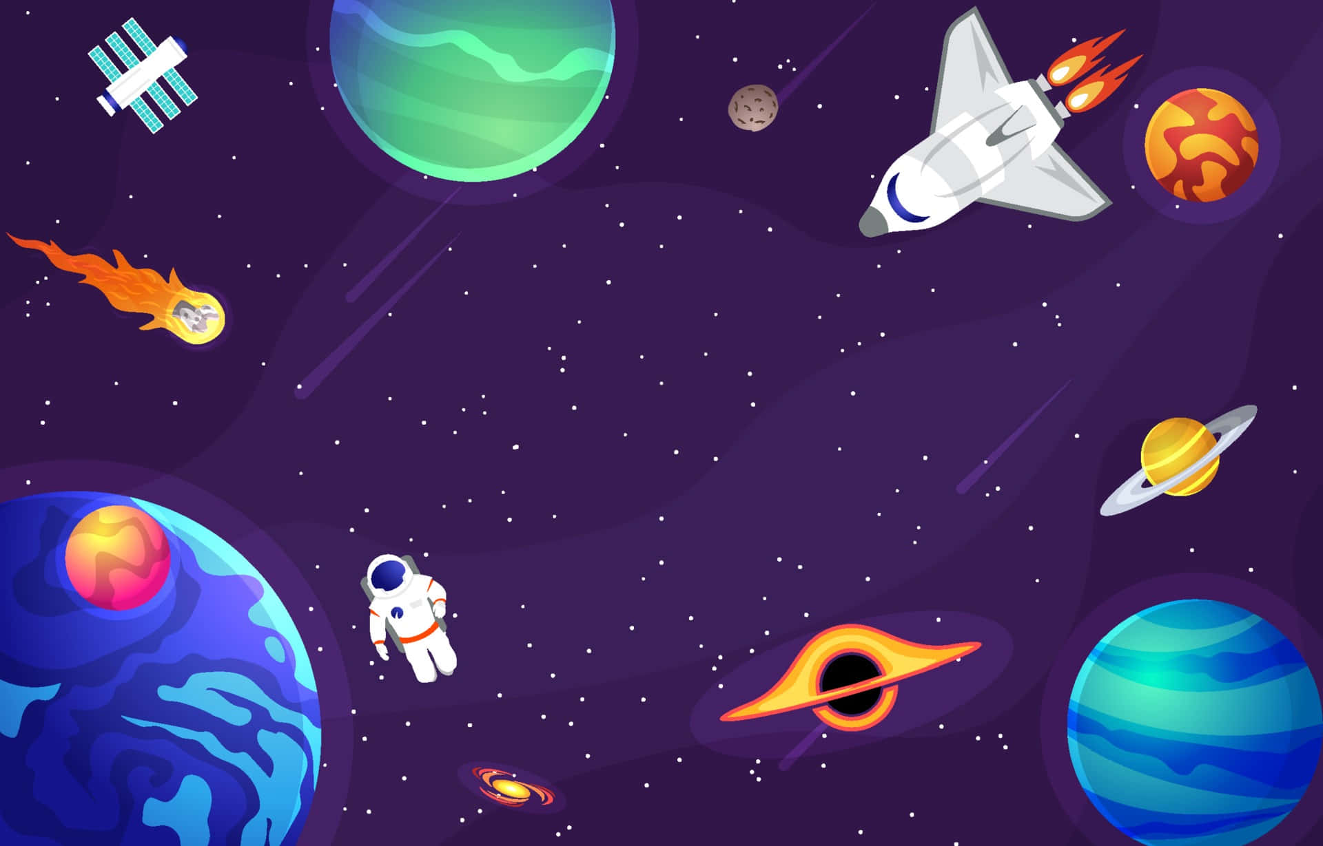 Cartoon Space 桌布 壁紙 — 一個充滿活力的卡通風格太空場景，有漂浮的太空人、火箭、衛星和色彩繽紛的行星，背景是繁星點點的紫色天空。