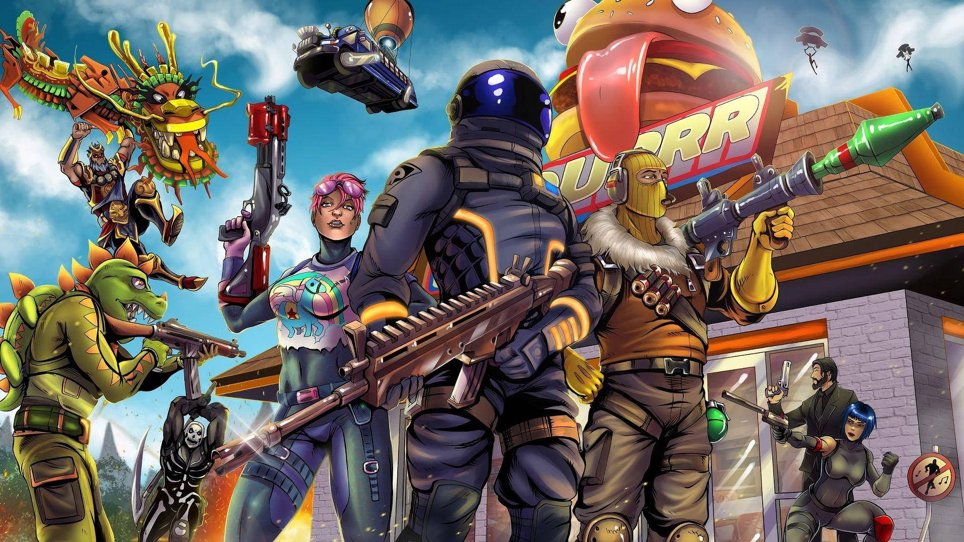 Fortnite 桌布 壁紙 — 一個充滿活力的卡通風格戰鬥場景，多樣角色在藍天下於巨型漢堡餐廳附近揮舞武器。