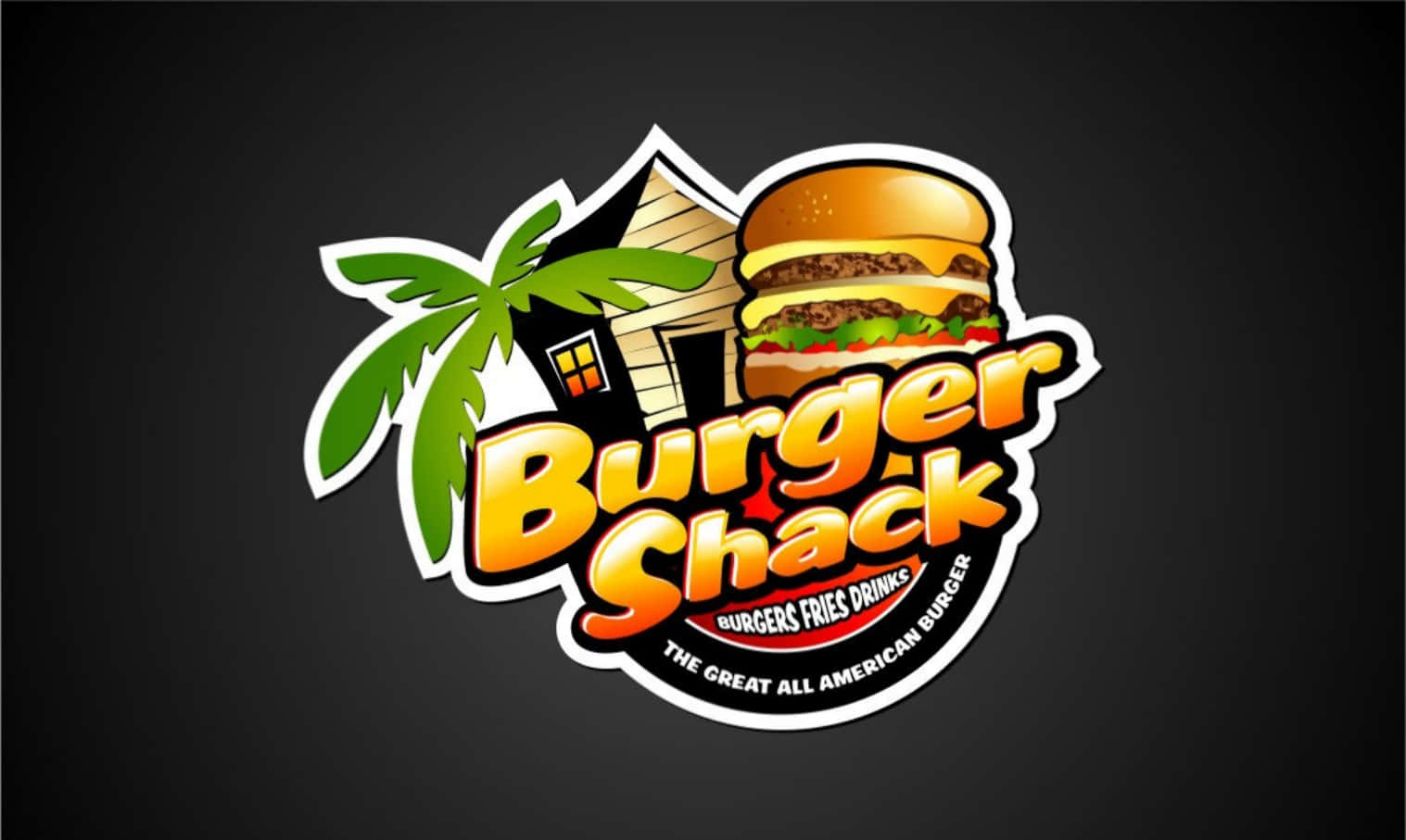 Logo 桌布 壁紙 — 一個充滿活力的卡通風格標誌，為Burger Shack設計，以多汁漢堡、棕櫚樹和小屋為特色，背景為深色。