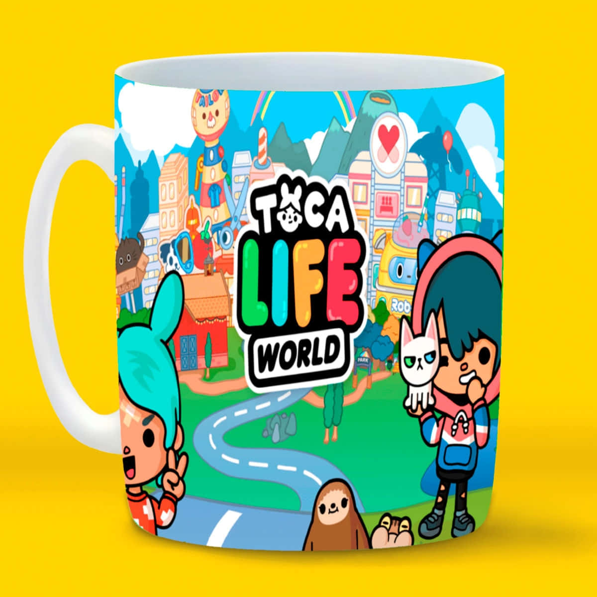 toca boca 桌布 壁紙 — 一個充滿活力的卡通馬克杯，上面有Toca Life World角色在色彩繽紛的城市景觀中，背景是明亮的黃色。