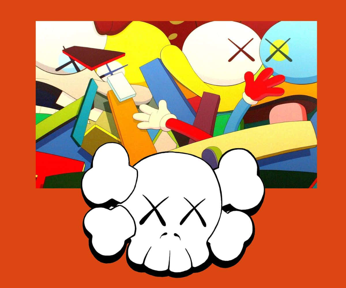 Kaws Spongebob 桌布 壁紙 — 一個充滿活力的卡通骷髏頭，帶有X形眼睛和骨頭狀耳朵，坐在一堆混亂的彩色抽象形狀和肢體之上。