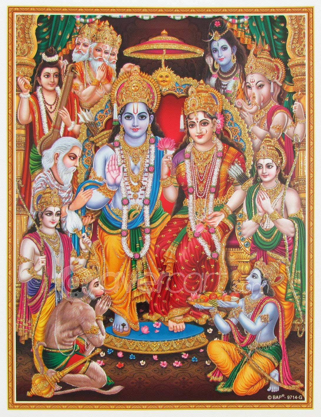 Hindu God 桌布 壁紙 — 一個充滿活力的印度教神靈場景，克里希納和拉達坐在中央，周圍是身著華麗金色服飾的眾神和信徒。