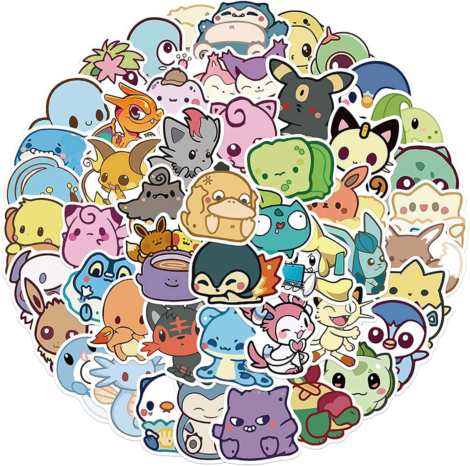 Pokemon Stickers 桌布 壁紙 — 一個充滿活力的圓形可愛卡通比卡超貼紙堆，表情和顏色多樣。