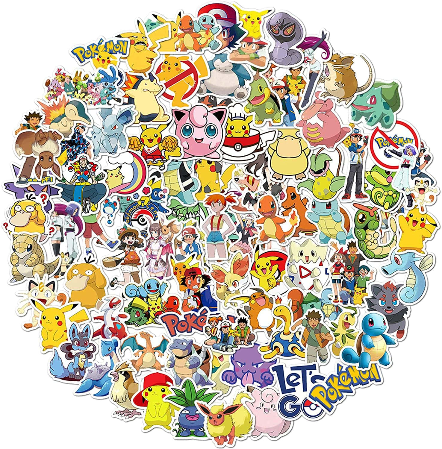 Pokemon Stickers 桌布 壁紙 — 一個充滿活力的圓形排列，包含色彩繽紛的寶可夢貼紙， featuring 標誌性角色如比卡超和伊貝，背景為白色。
