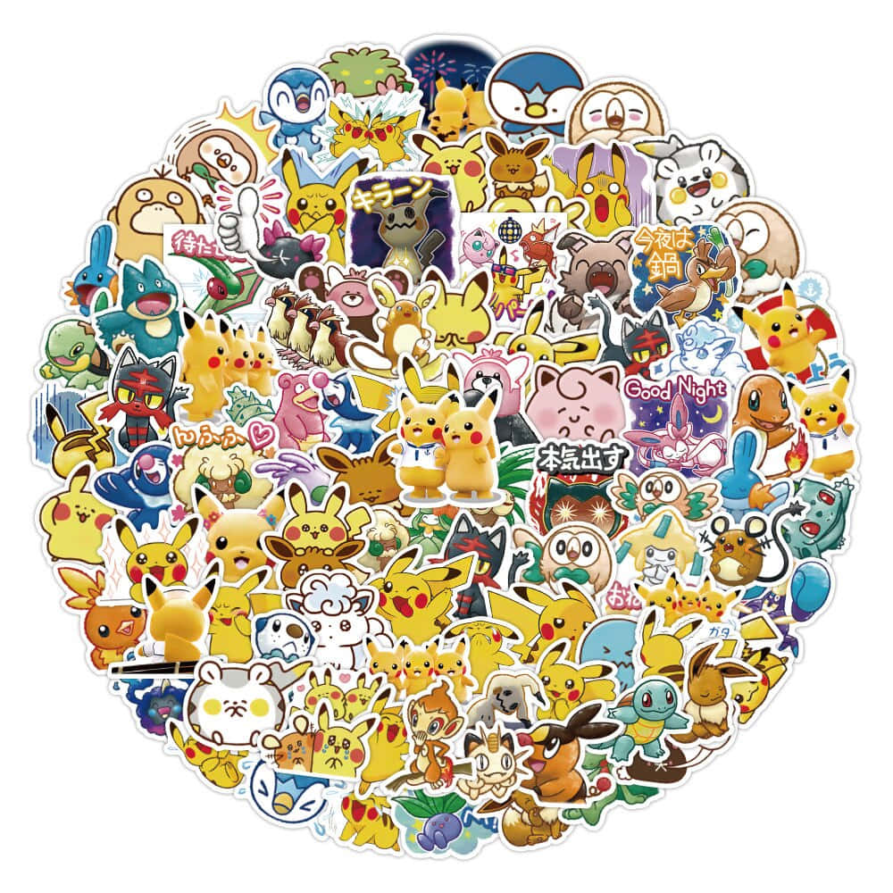 Pokemon Stickers 桌布 壁紙 — 一個充滿活力的圓形排列，包含色彩繽紛的寵物小精靈貼紙，有比卡超及其他角色以各種可愛姿勢呈現。