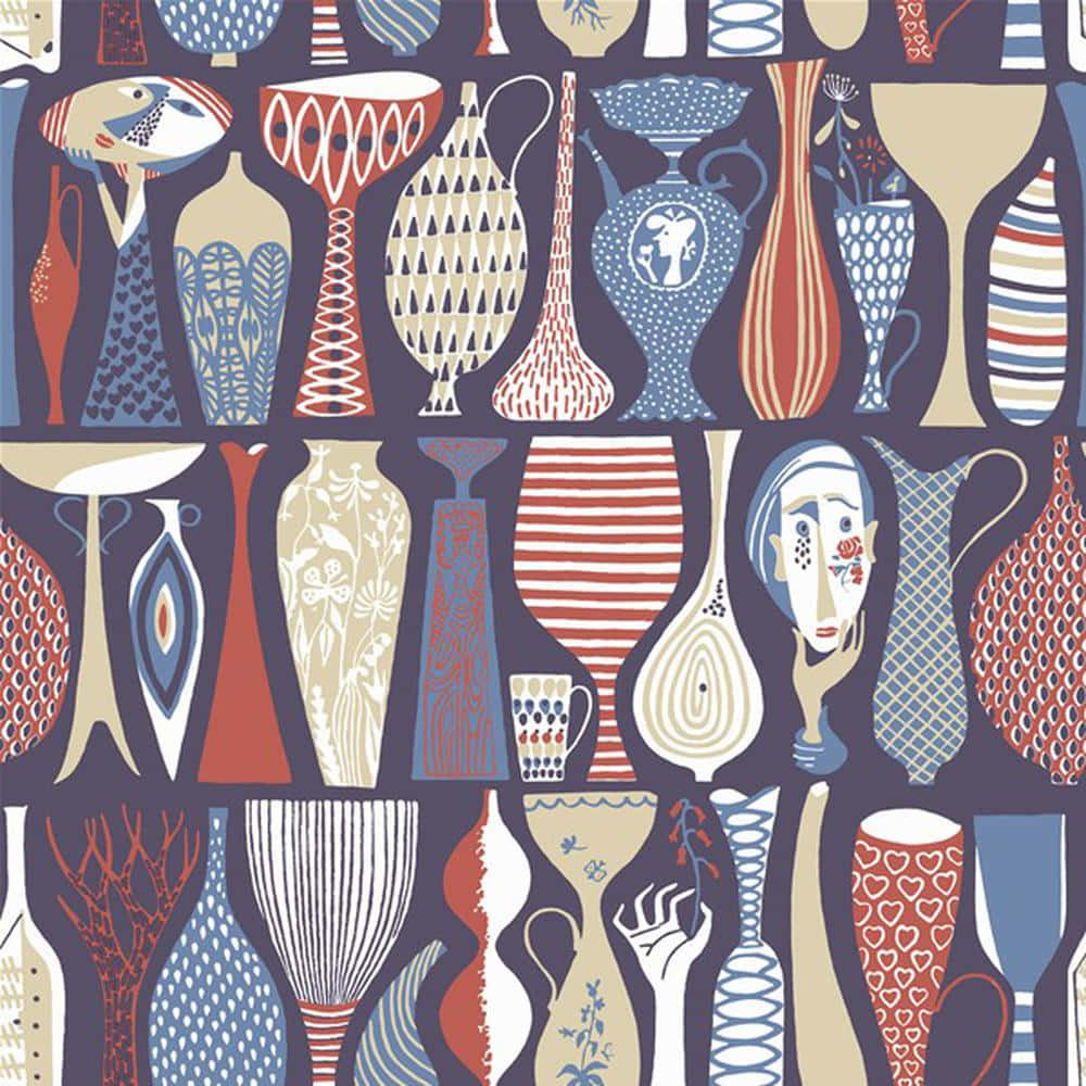 Ceramics 桌布 壁紙 — 一個充滿活力的圖案，以紅色、藍色和奶油色的風格化花瓶和容器為特色，在深色背景上帶有複雜的幾何和花卉設計。