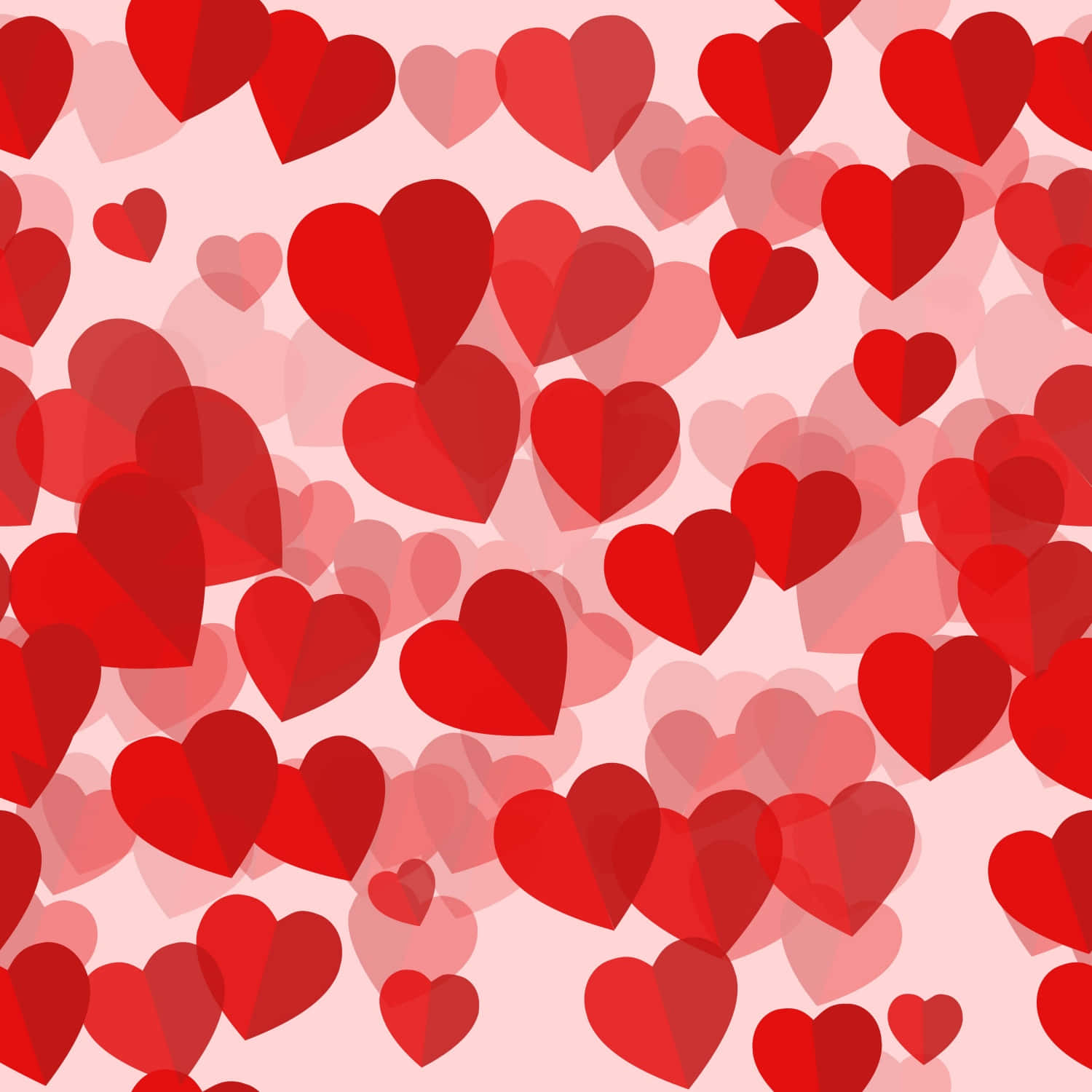 Heart Pattern 桌布 壁紙 — 一個充滿活力的圖案，由不同深淺的紅色心形重疊在柔和的粉紅色背景上組成。