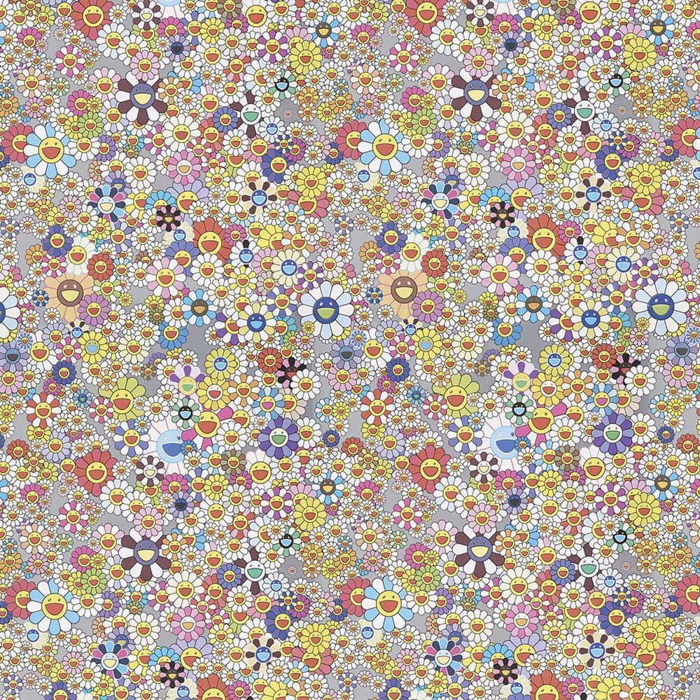 Contemporary Art 桌布 壁紙 — 一個充滿活力的圖案，由微笑的卡通花朵以柔和色調密集地覆蓋在灰色背景上。