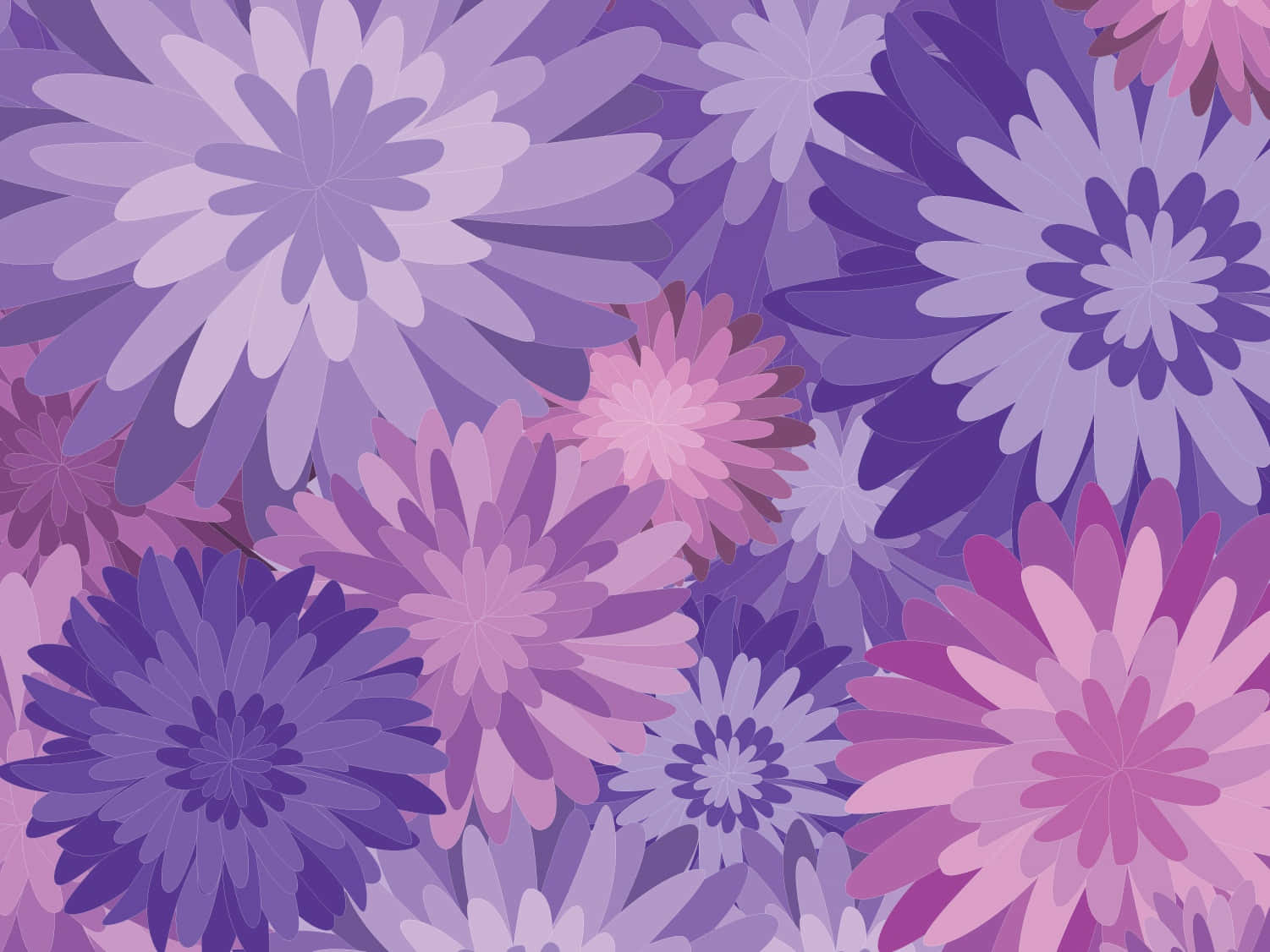 Floral Pattern 桌布 壁紙 — 一個充滿活力的圖案，由風格化的紫色和粉紅色花朵組成，花瓣層疊，以重複的向量設計呈現。