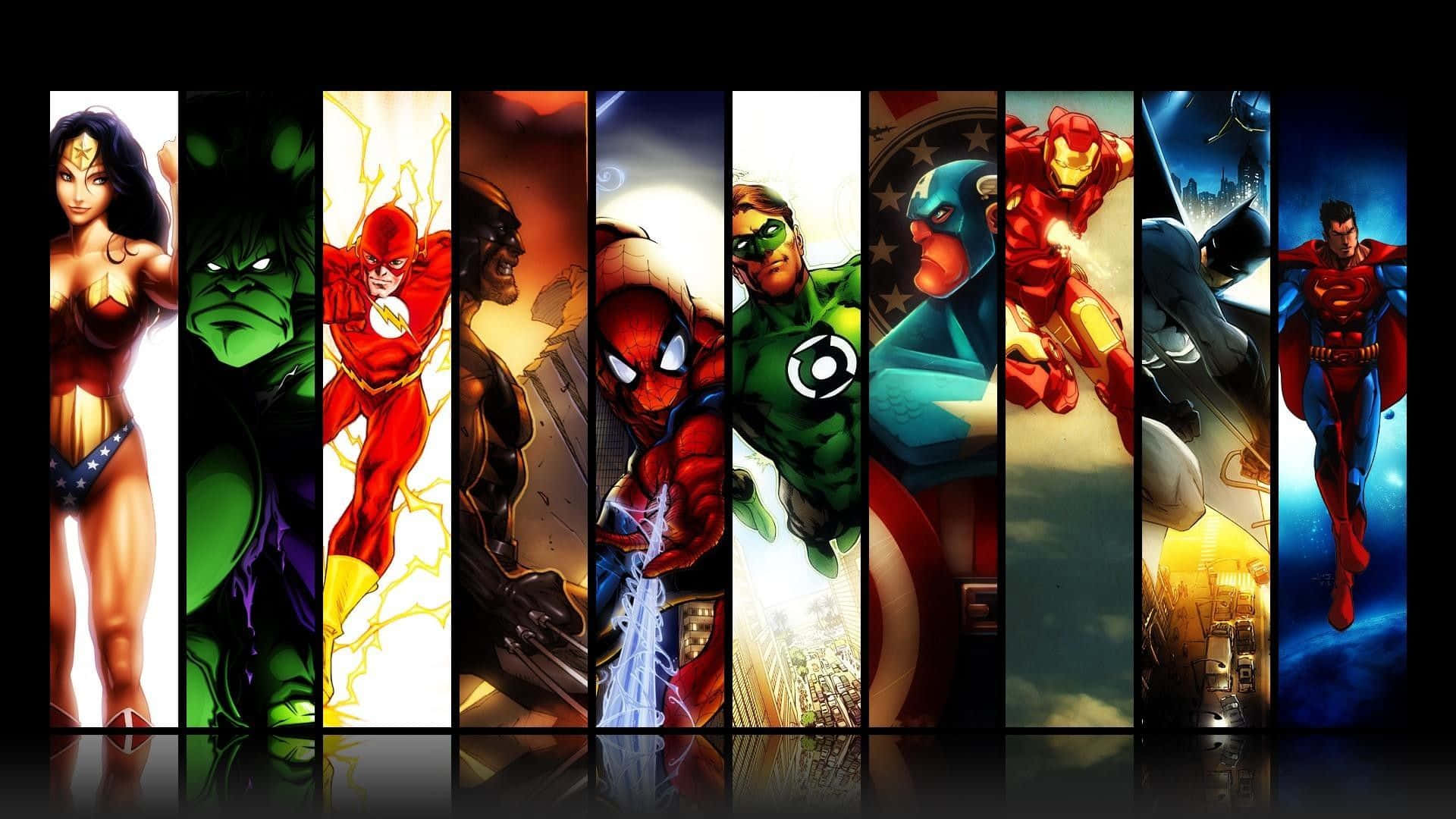 Animated Superhero Movies 桌布 壁紙 — 一個充滿活力的垂直排列，經典漫畫超級英雄各自在深色背景上的動態面板中。