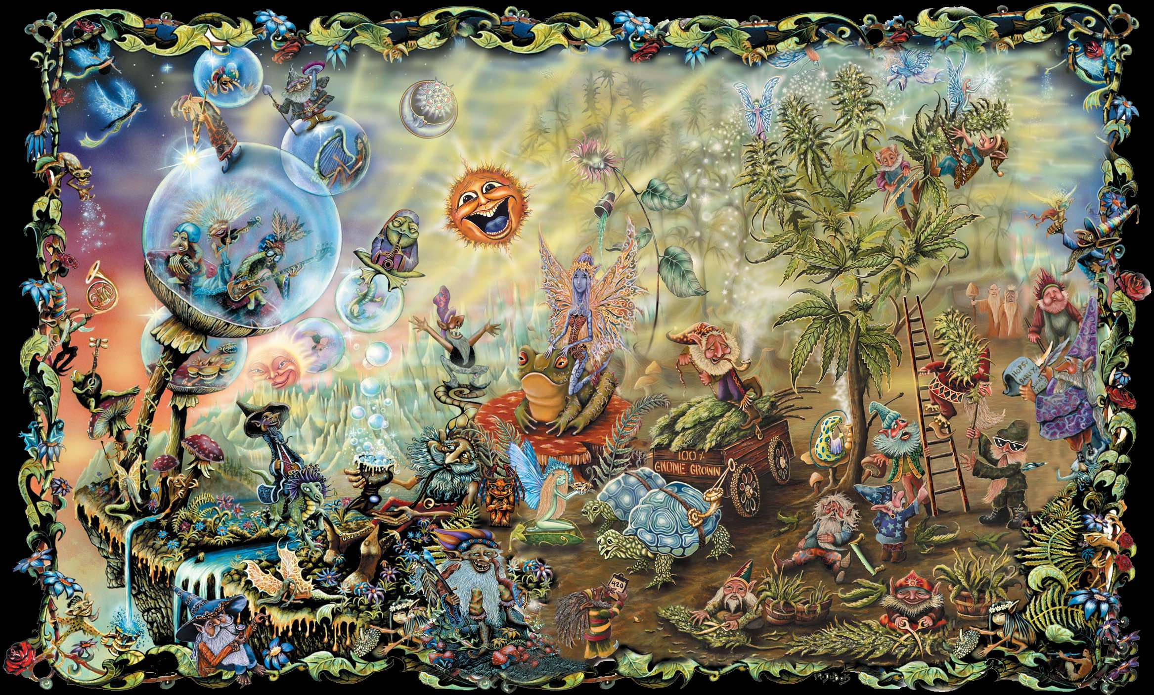 藝術 桌布 壁紙 — 一個充滿活力的奇幻場景，有奇異的生物、笑著的太陽和茂密的植物，在一個混亂的魔法花園中。