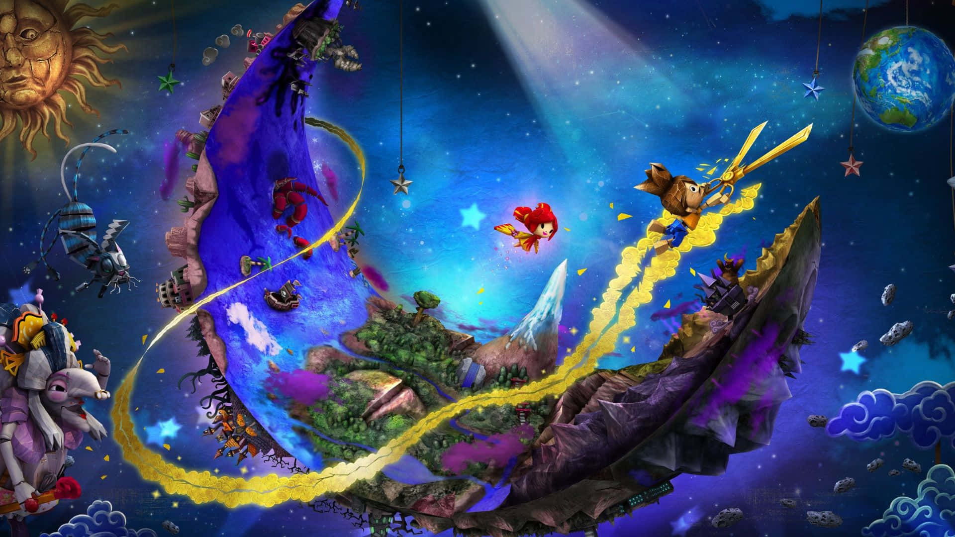 HD Gaming 桌布 壁紙 — 一個充滿活力的奇幻場景，有浮島、一個紅髮角色在飛翔，還有一個太陽臉行星在繁星點點的宇宙天空中。