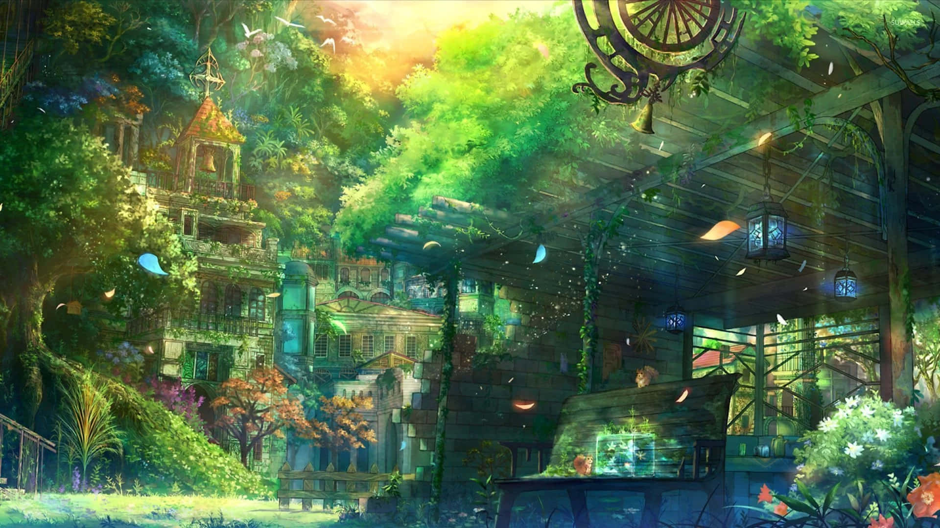 鄉村風美學 桌布 壁紙 — 一個充滿活力的奇幻場景，茂密的綠植覆蓋了一座廢棄的小鎮，金色的陽光下閃爍的燈籠和漂浮的樹葉。