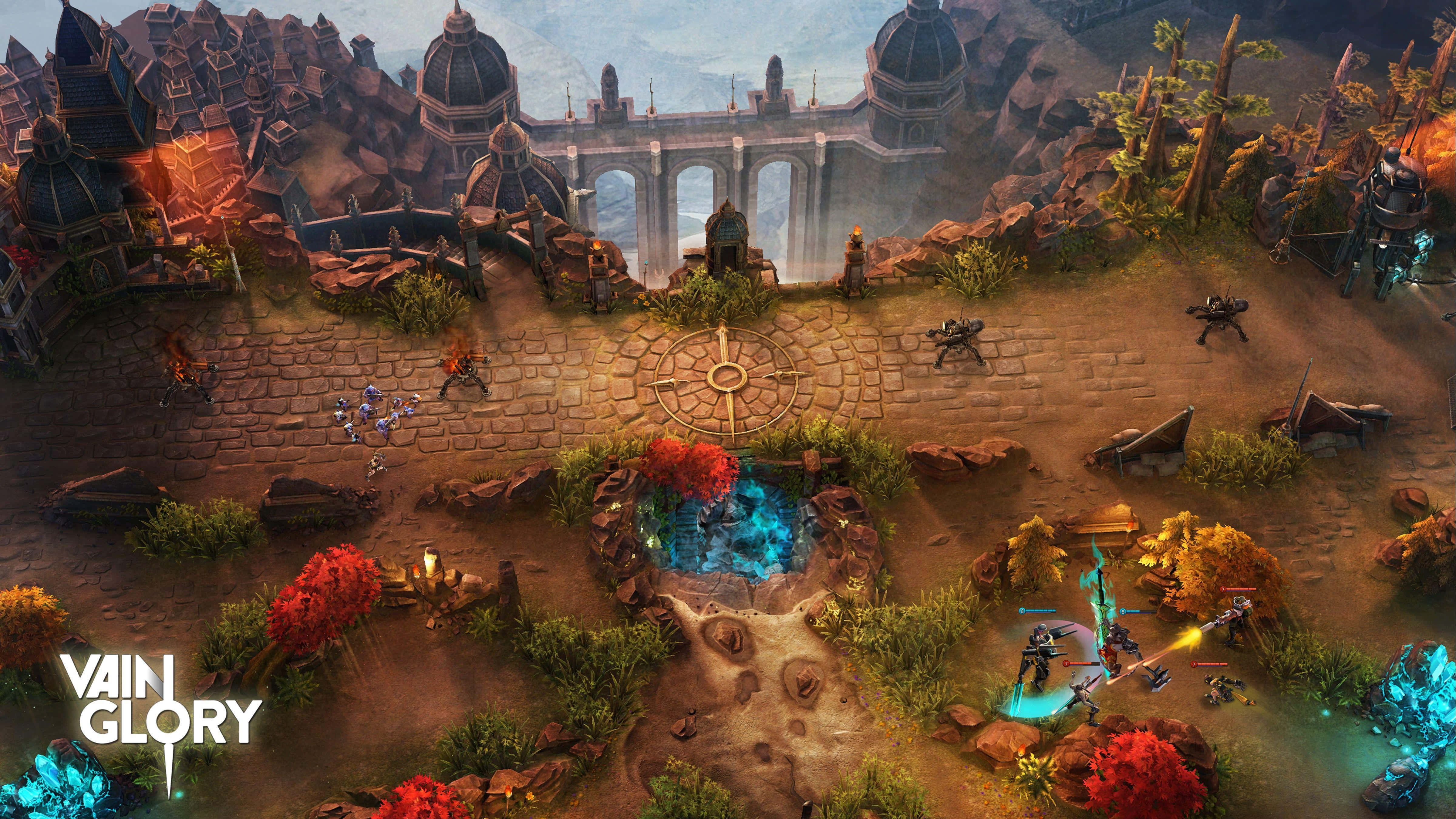 Vainglory 桌布 壁紙 — 一個充滿活力的奇幻戰場，在陰雲密佈的天空下，有發光的藍色水池和火熱的建築。