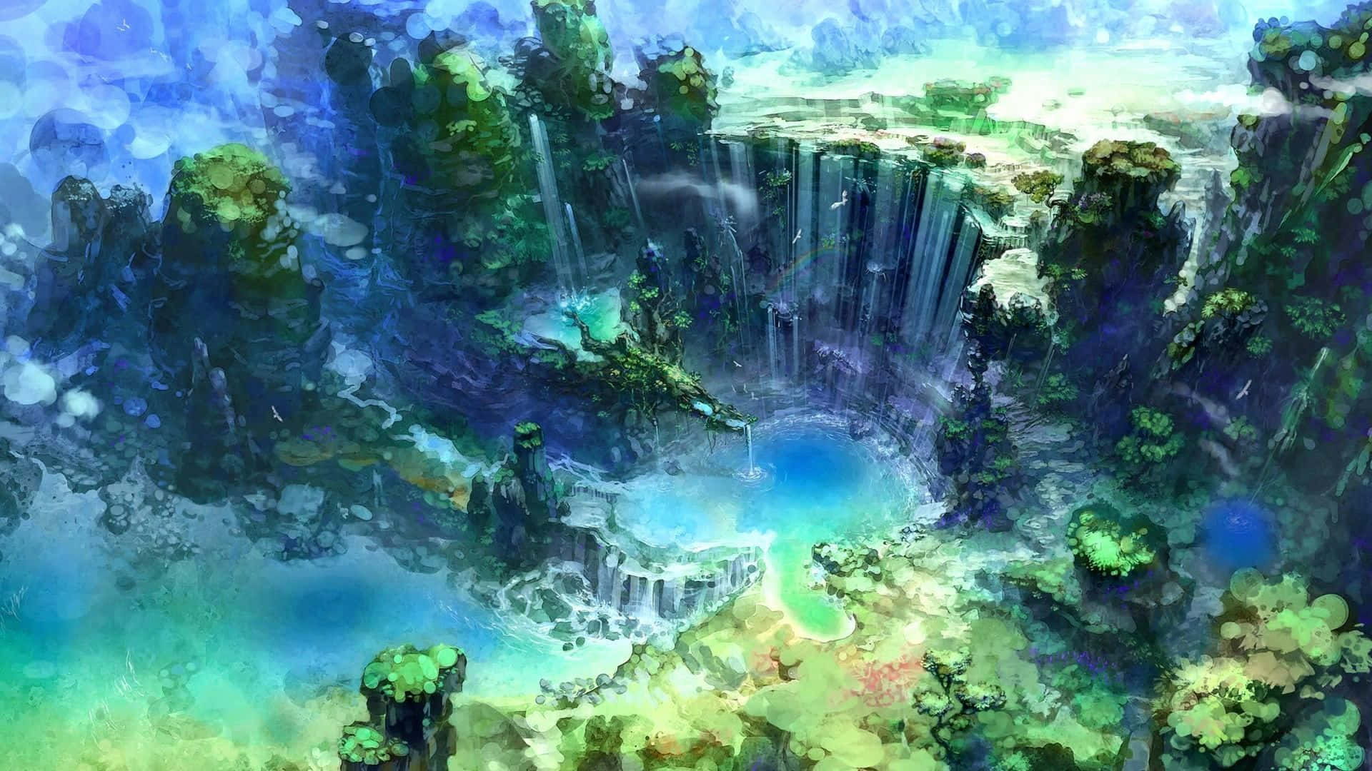 靚靚動畫 桌布 壁紙 — 一個充滿活力的奇幻景觀，有層疊瀑布流入一個被茂密綠色懸崖環繞的發光藍色水池。