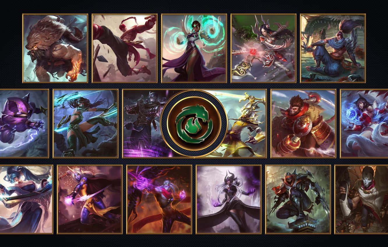 Moba Games 桌布 壁紙 — 一個充滿活力的奇幻遊戲角色網格，帶有魔法效果和動態姿勢，並以金色邊框框住。