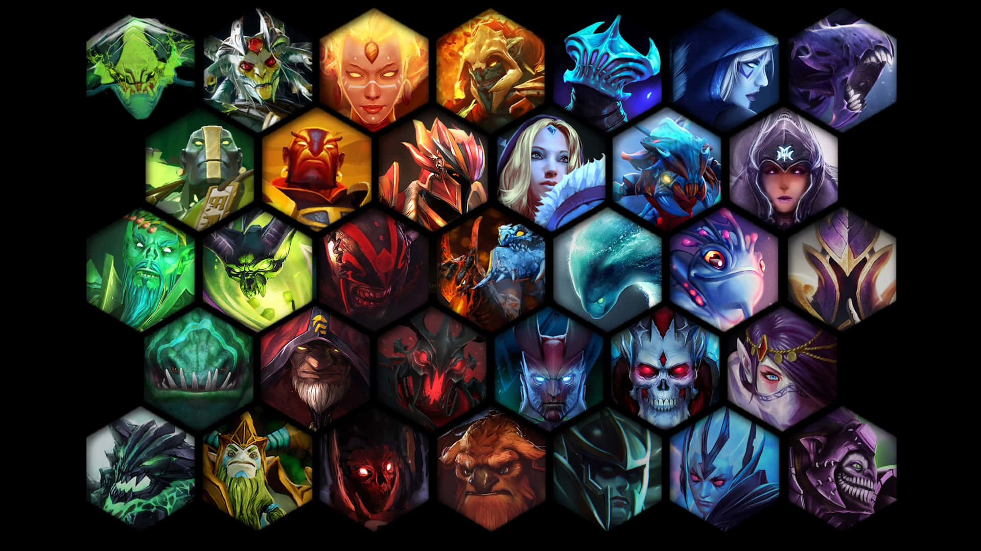 Dota 2 Heroes 桌布 壁紙 — 一個充滿活力的奇幻遊戲角色網格，鑲嵌在六邊形框架中，在黑暗背景上發光。