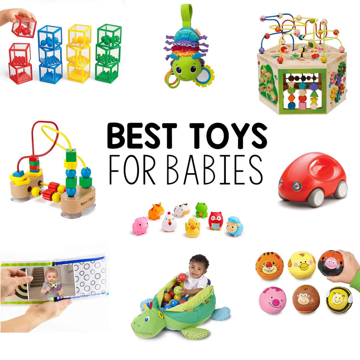 toys 桌布 壁紙 — 一個充滿活力的嬰兒玩具拼貼畫，包括疊疊樂方塊、珠迷宮、毛絨動物和一個在烏龜遊戲座椅上微笑的孩子。
