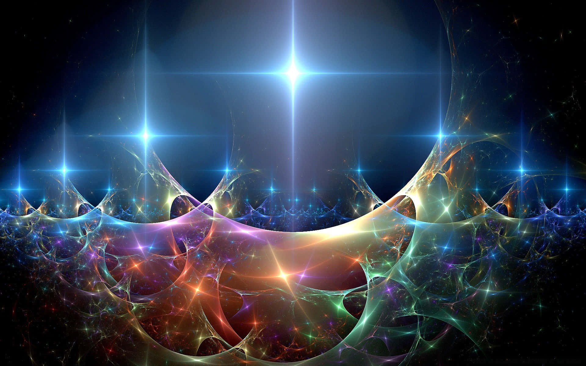 Reiki 桌布 壁紙 — 一個充滿活力的宇宙分形，在黑暗的星場背景下，從中央的星爆發出發光的藍色和橙色卷鬚。