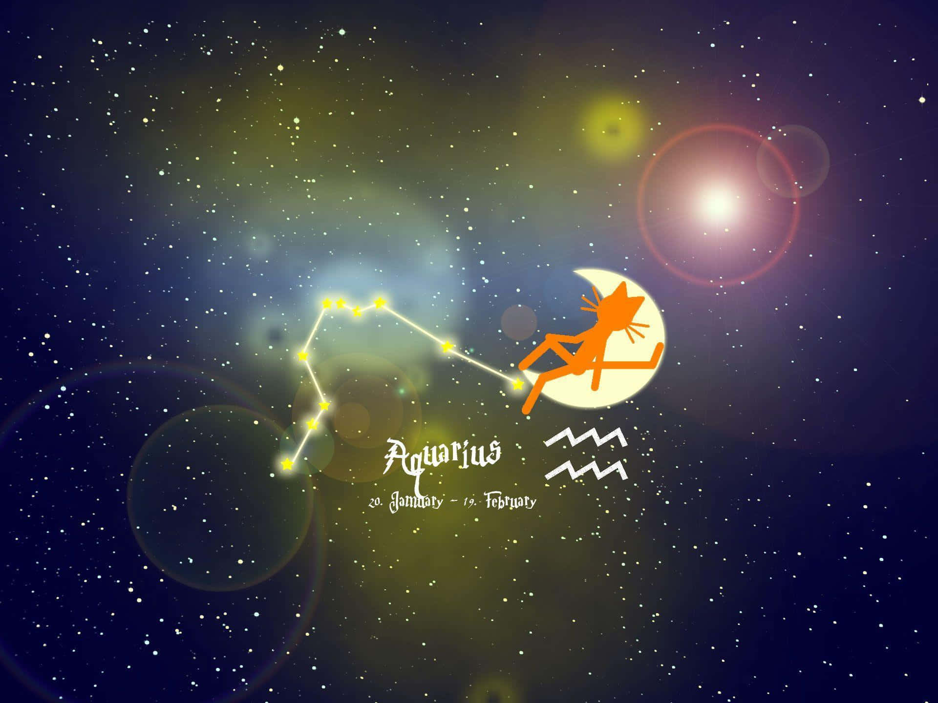 aquarius 桌布 壁紙 — 一個充滿活力的宇宙場景，以水瓶座星座和一個橙色的持水者形象為特色，背景是帶有鏡頭光暈的星空夜空。