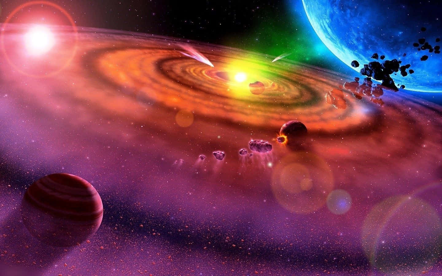 Cool Space 桌布 壁紙 — 一個充滿活力的宇宙場景，圍繞著一顆中央恆星，有橙色和紫色色調的旋轉星雲發光，行星和小行星漂浮在深空中。