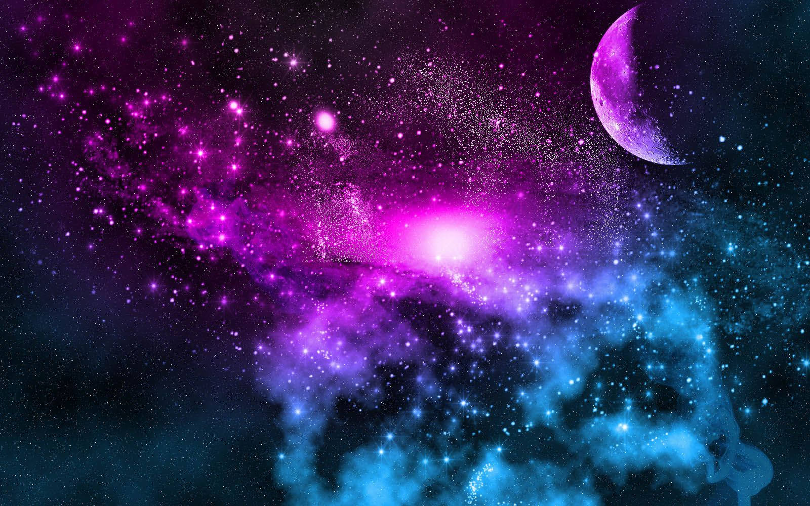 Colorful Galaxy 桌布 壁紙 — 一個充滿活力的宇宙場景，新月在旋轉的粉紅色和藍色星雲上方發出紫色光芒，點綴著閃爍的星星。