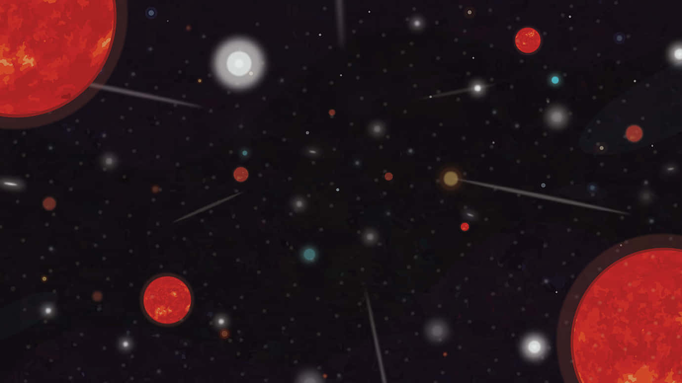 Red Giant 桌布 壁紙 — 一個充滿活力的宇宙場景，有發光的紅色太陽、白色星星和劃過的流星，背景是黑暗的星空。