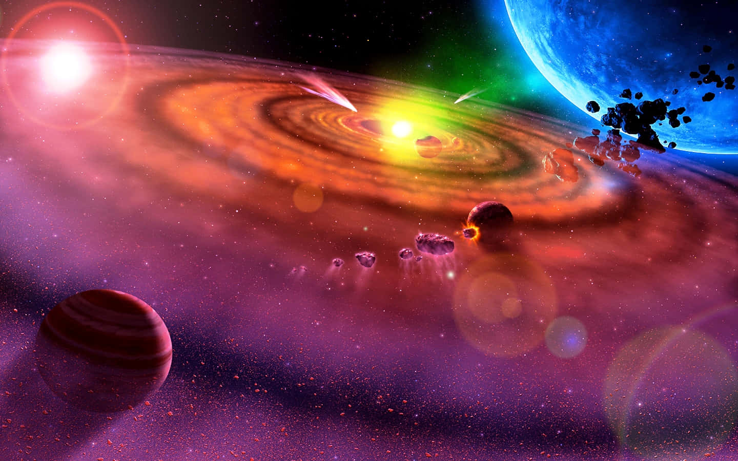 Beautiful Space 桌布 壁紙 — 一個充滿活力的宇宙場景，橙色和紫色色調的旋轉星系閃耀，周圍環繞著行星和小行星。