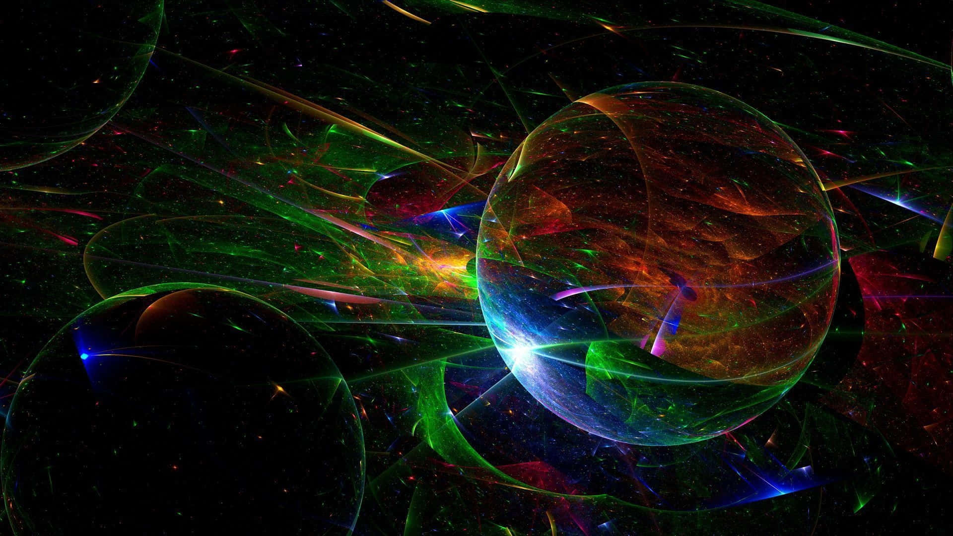 Transparent 桌布 壁紙 — 一個充滿活力的宇宙場景，發光的碎形能量流在繁星點點的黑色虛空中圍繞半透明球體旋轉。