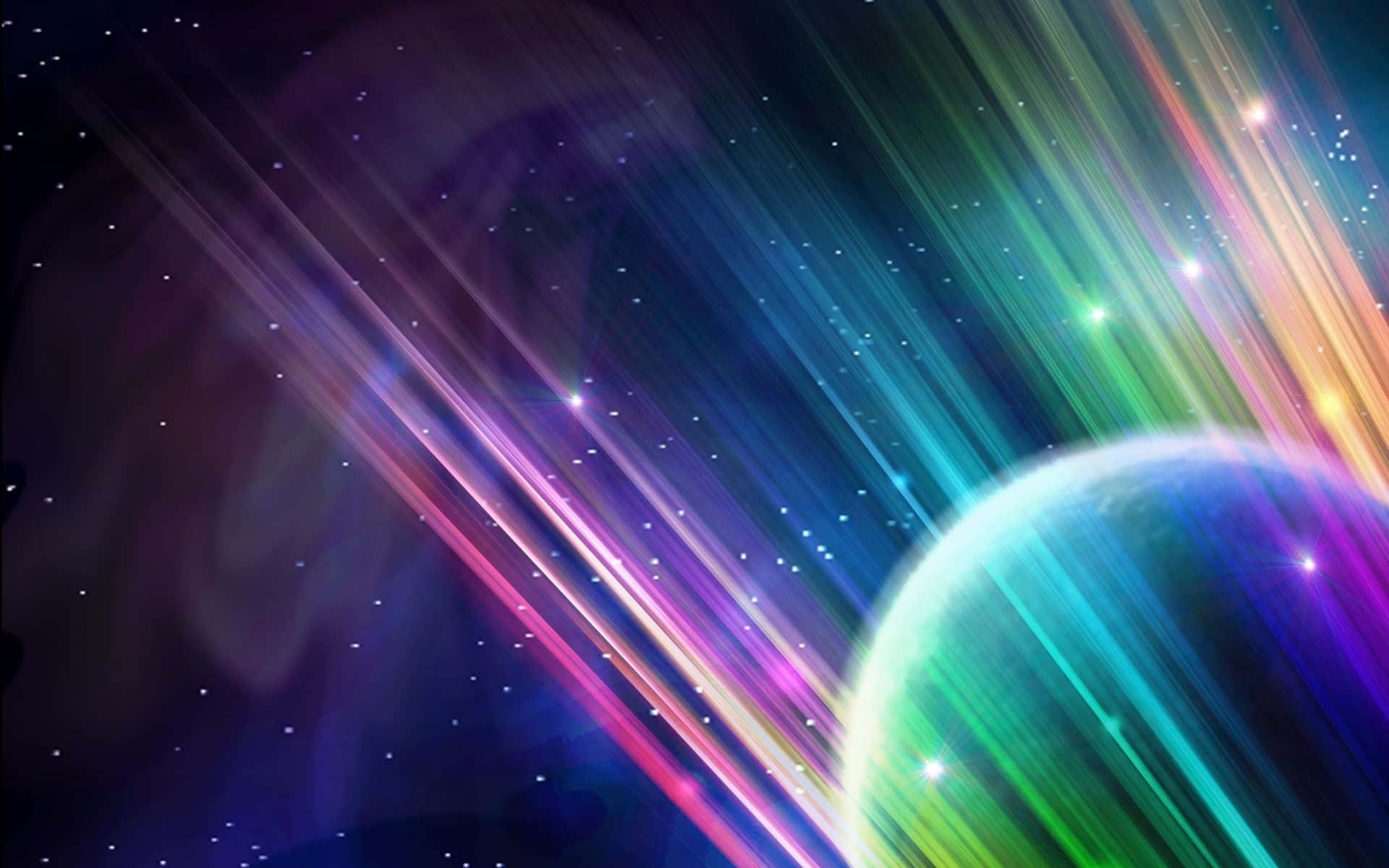 Colorful Space 桌布 壁紙 — 一個充滿活力的宇宙場景，發光的行星和彩虹光條紋映襯著繁星點點的星雲背景。