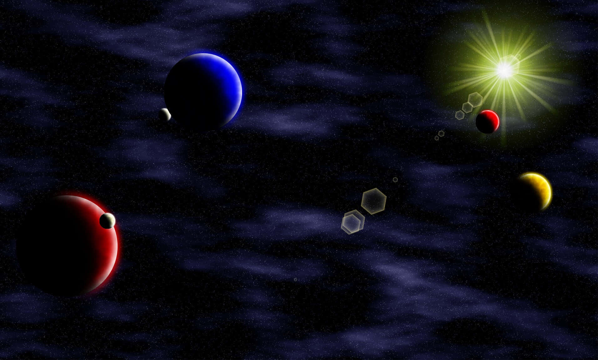 Celestial Bodies 桌布 壁紙 — 一個充滿活力的宇宙場景，發光的行星和燦爛的太陽在繁星點點的星雲背景下。