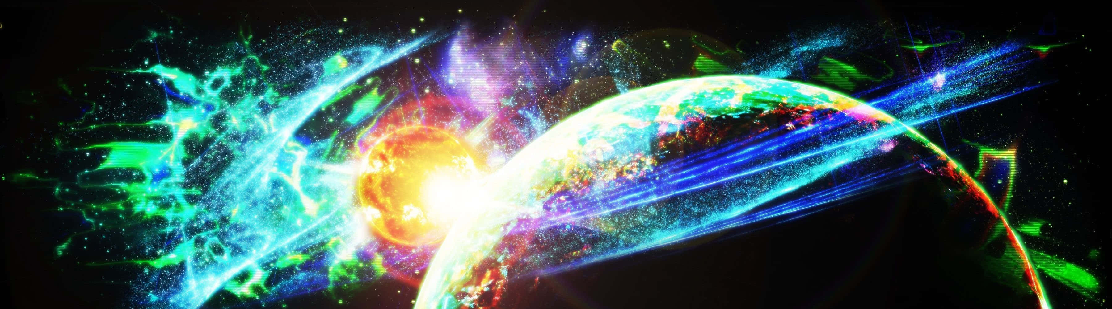 雙螢幕 桌布 壁紙 — 一個充滿活力的宇宙場景，發光的行星和輻射能量流在黑暗的星空背景下旋轉。