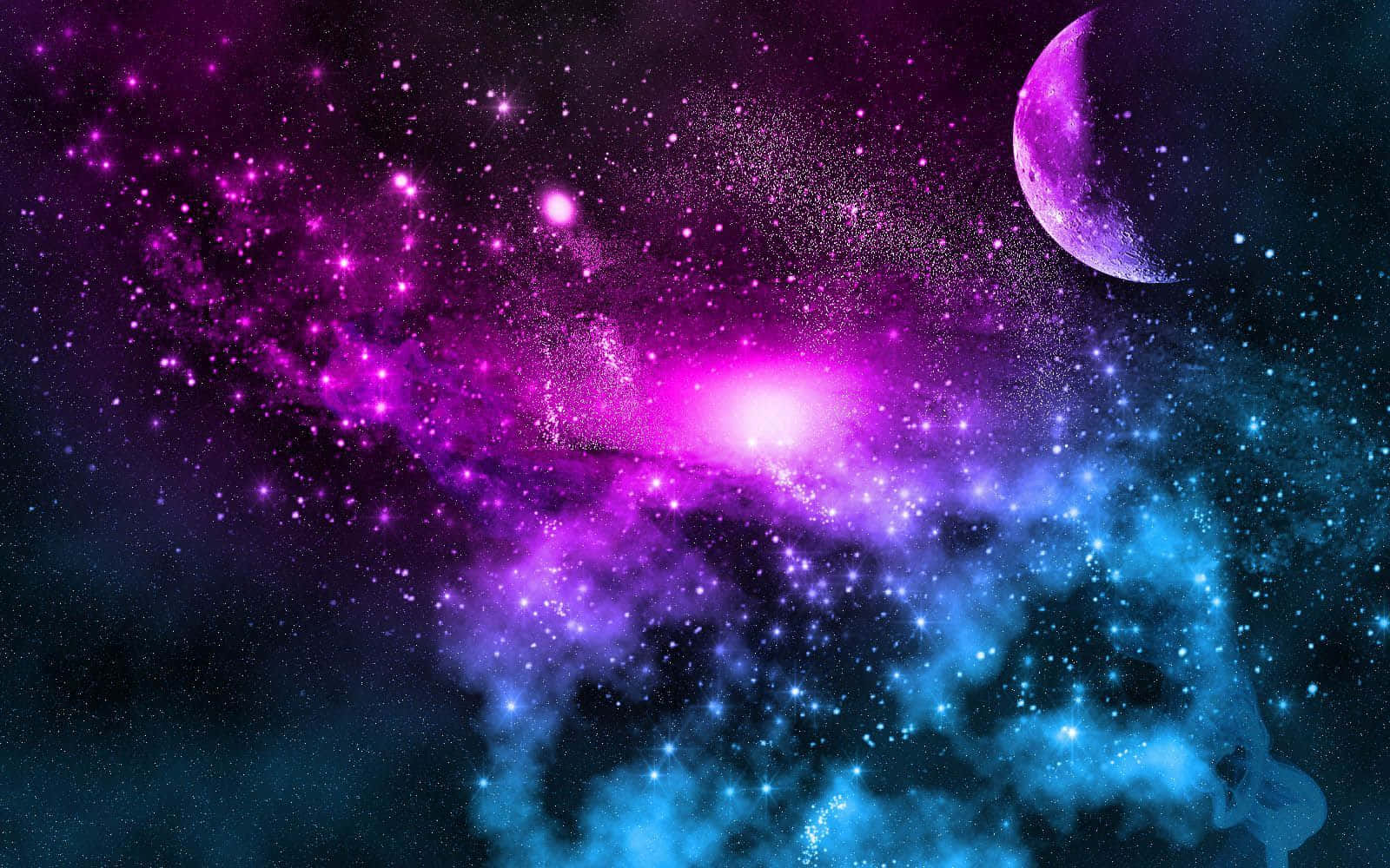 Kawaii Galaxy 桌布 壁紙 — 一個充滿活力的宇宙場景，紫色新月在粉紅色和藍色星星的漩渦星雲上方發光。