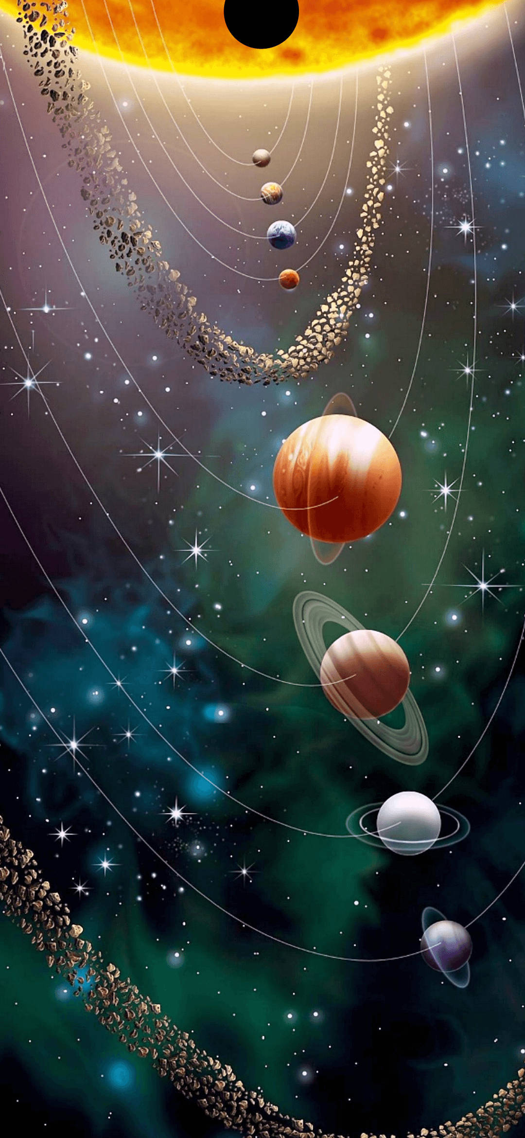 Solar System 桌布 壁紙 — 一個充滿活力的宇宙場景，行星圍繞著發光的太陽運行，周圍環繞著小行星帶和閃爍的星星。