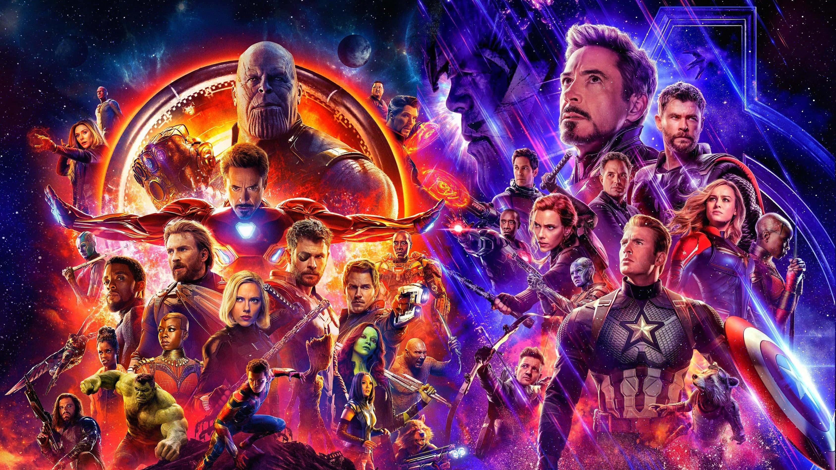 Earth's Mightiest Heroes 桌布 壁紙 — 一個充滿活力的宇宙戰鬥場景，復仇者聯盟和薩諾斯在星光熠熠的星雲背景下，伴隨著發光的能量效果。